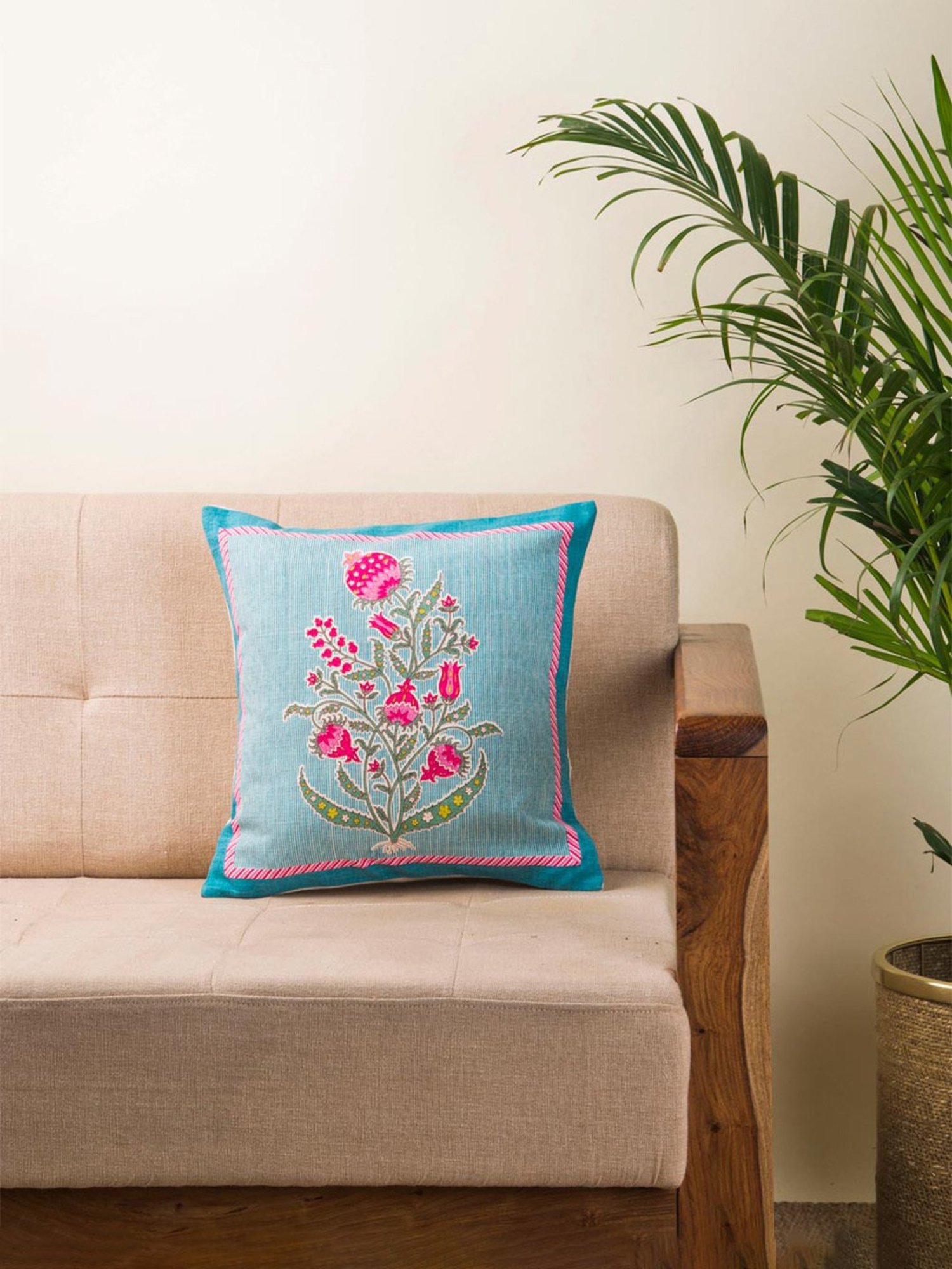 Fabindia Blue & Pink Cotton 48 TC 230 GSM Rasika Cushion Cover