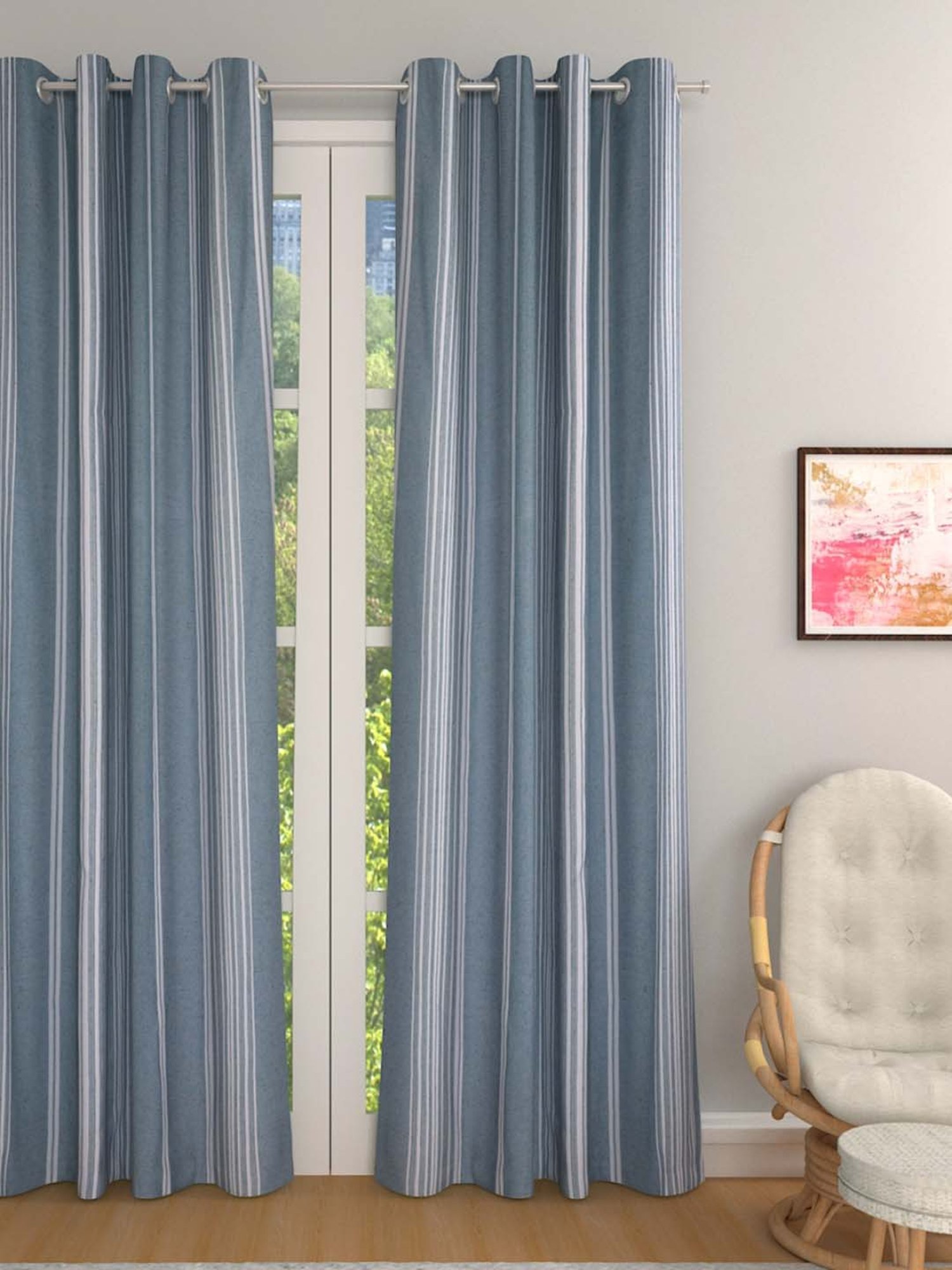 Swayam Cream & Blue Printed Faux Silk Door Curtains - Set of 2