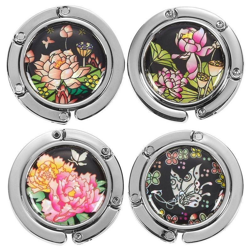 Juvale Set of 4 Purse Hook Set - Folding Magnetic Handbag Hanger with Anti Slip Rubber Padding with Floral and Butterfly Design