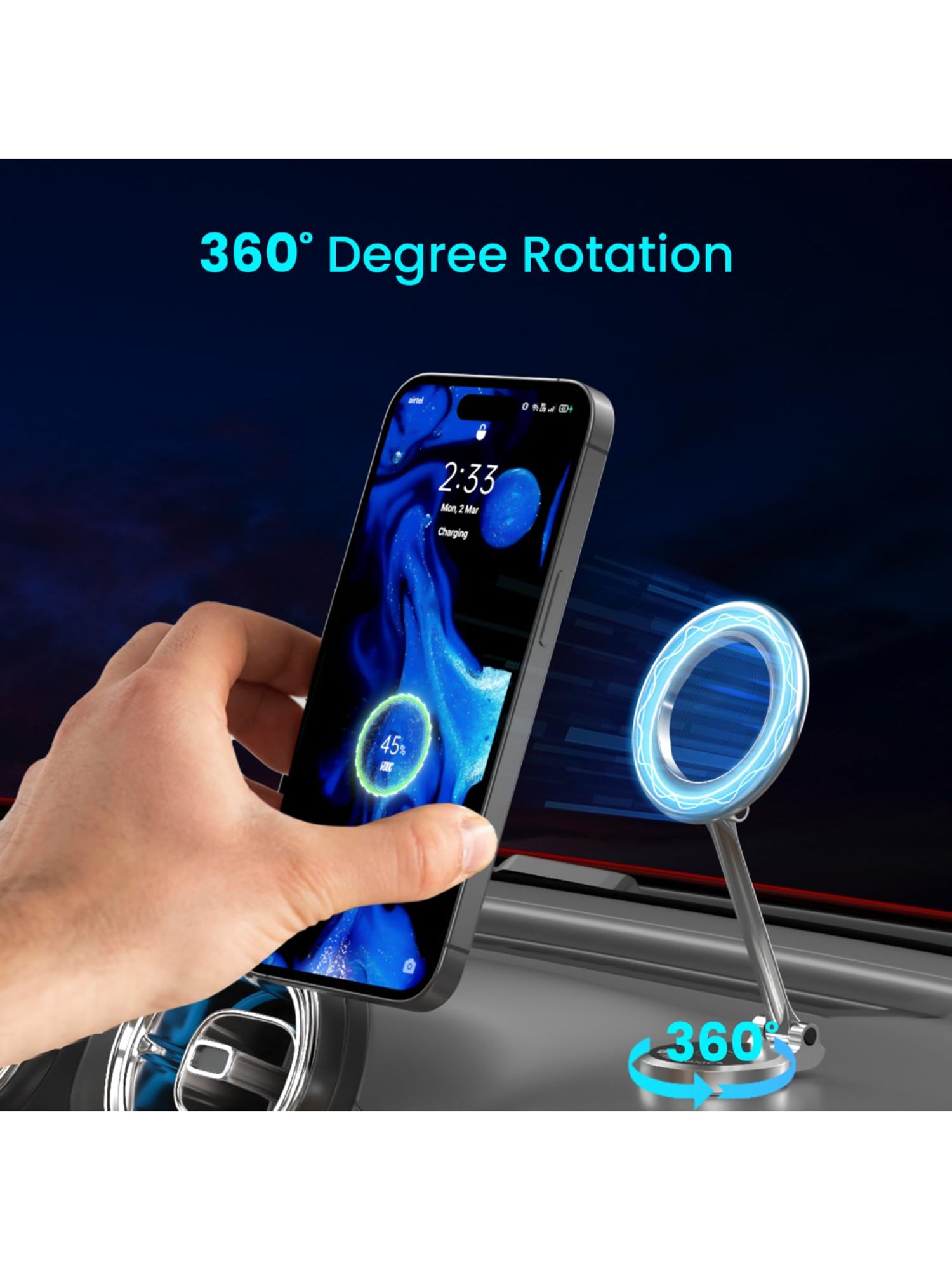 Portronics Mogun 3 Premium 360 Degree Rotation Magnetic Mobile Holder (Black)