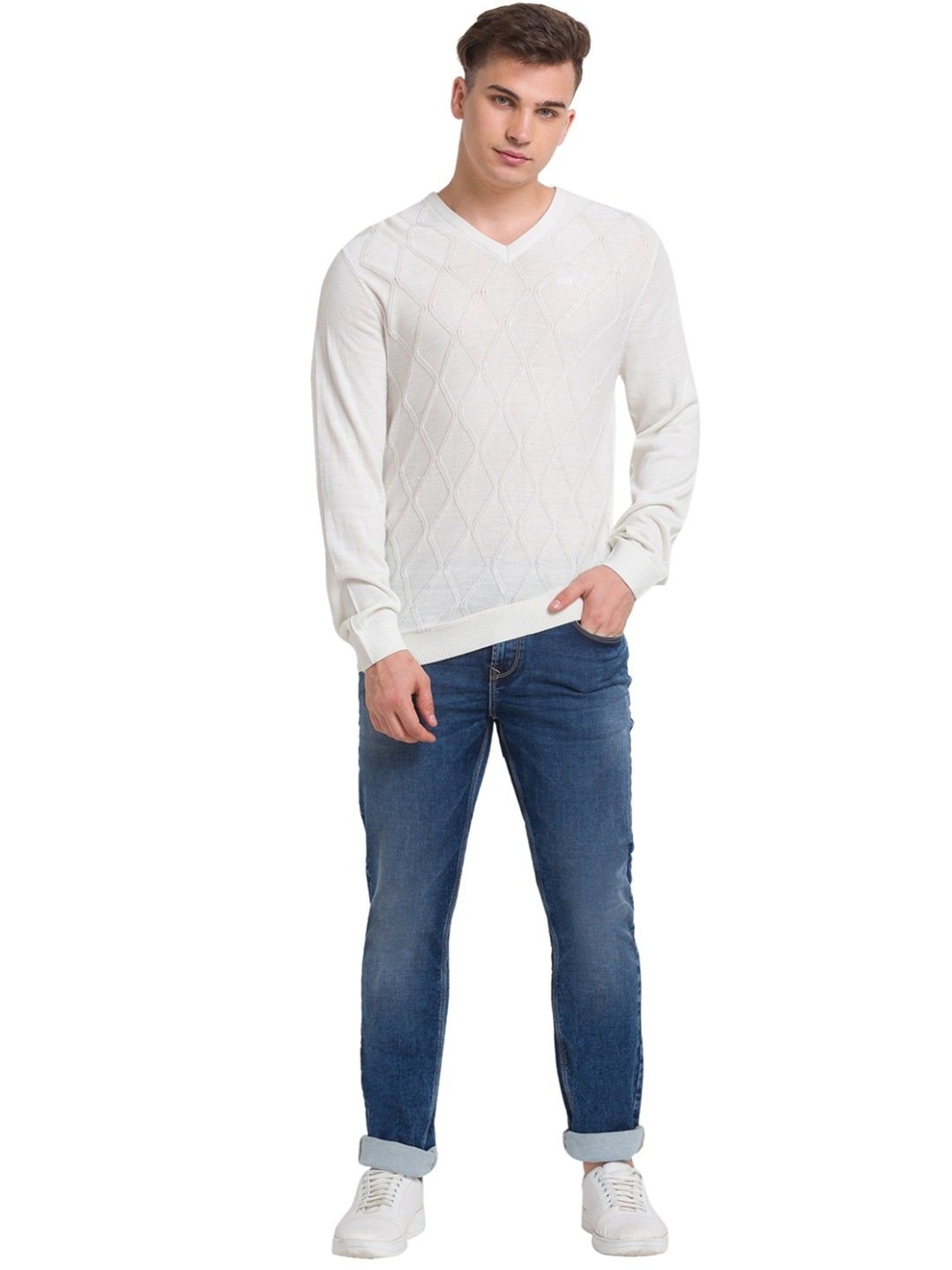 ColorPlus White Tailored Fit Self Pattern Sweater