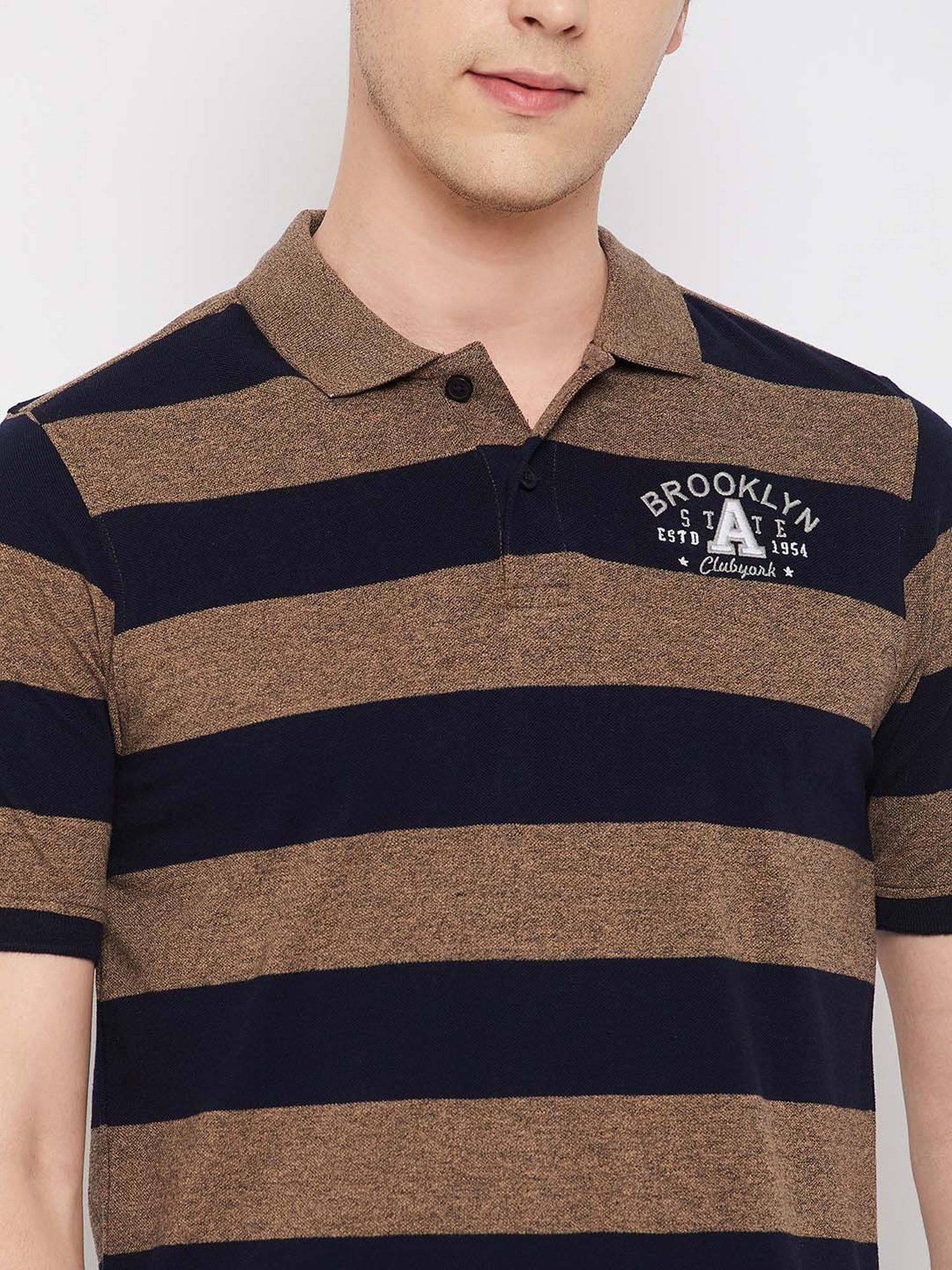 Club York Brown Regular Fit Striped Polo T-Shirt