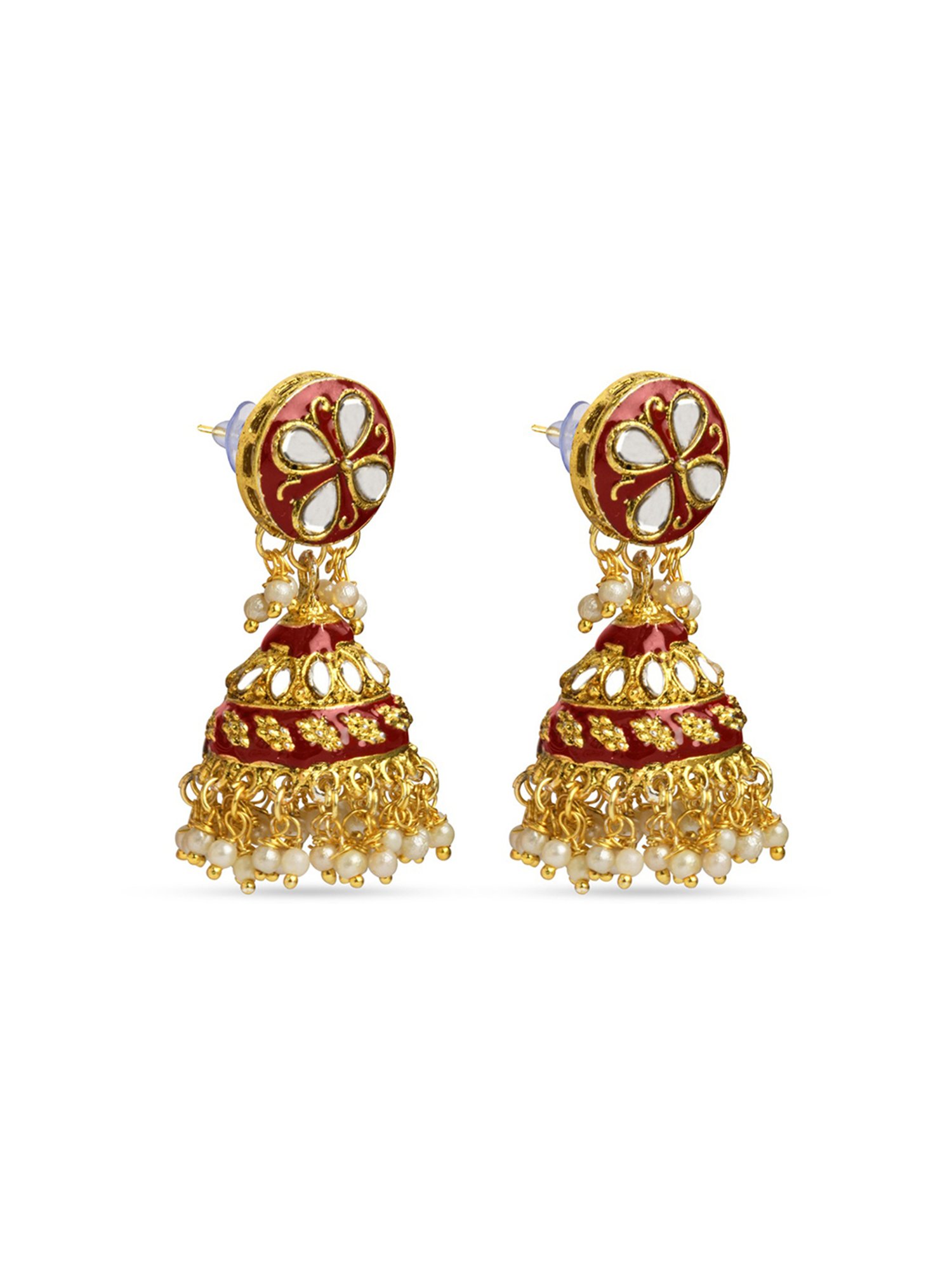 Fida Gold-Plated Maroon Enamel And Kundan Jhumki Earrings