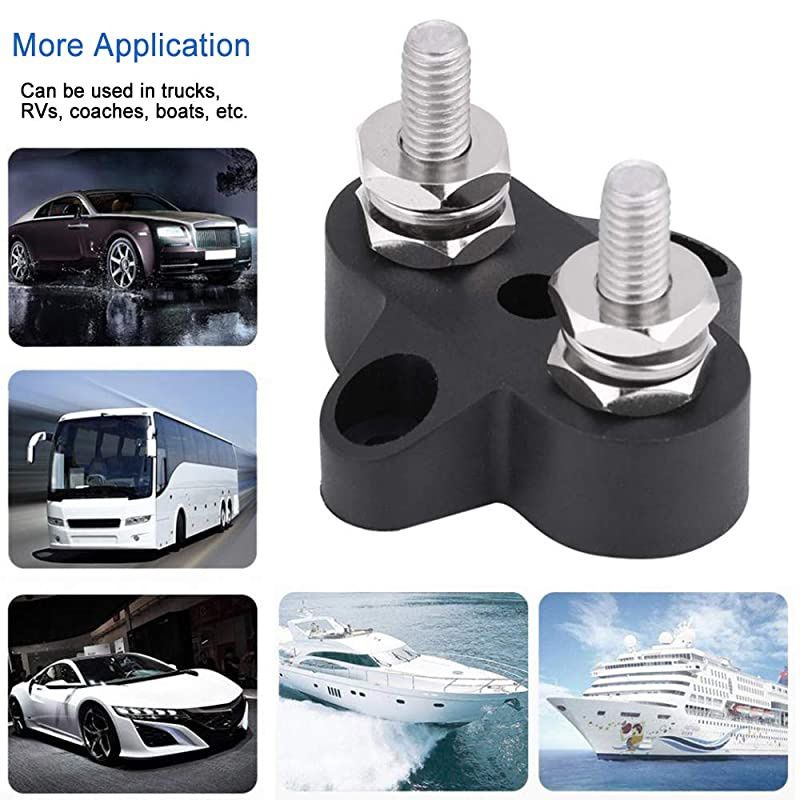 Dual Stud Power Ground Junction Block 2 Studs Bus Bar Terminal Block Heavy Duty M6 Positive Power Distribution Studs 1/4" (Black)