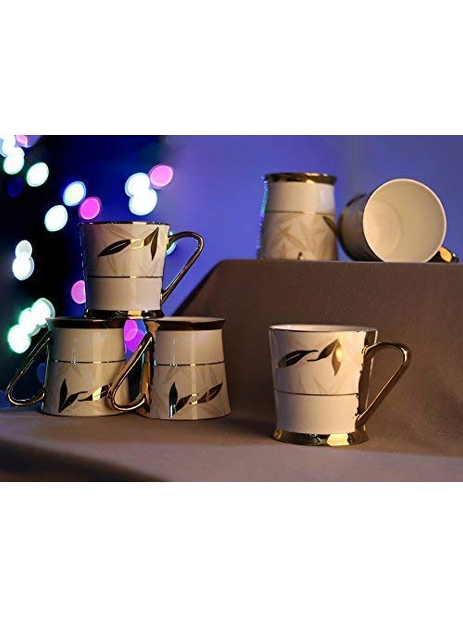 Femora Indian Ceramic White & Golden Tea Cups (200 ml) - Set of 6