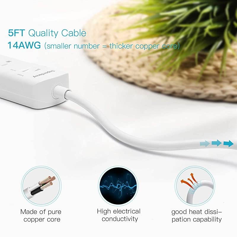 2100J Surge Protector USB Power Strip with ETL Approval 15A Angled Flat Plug Mountable Extension Cord Fast Charging Station 6 Outlet 5ft for Phone Tablet PC Garage Kitchen Home Office White