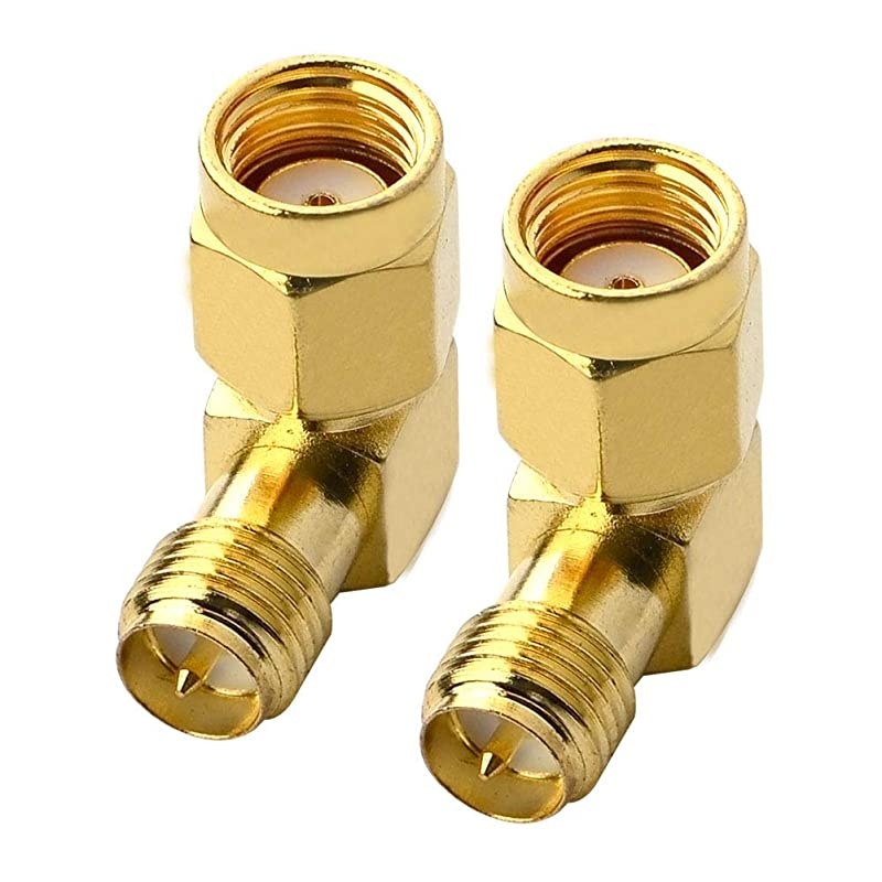 90 Degree Reverse Polarity SMA Coax Adapter RP SMA Male Hole to RP SMA Female Pin Right Angle Connector RPSMA to RPSMA Adapter for Audio FPV Drone Antennas Radio Video Mobile Pack of 2