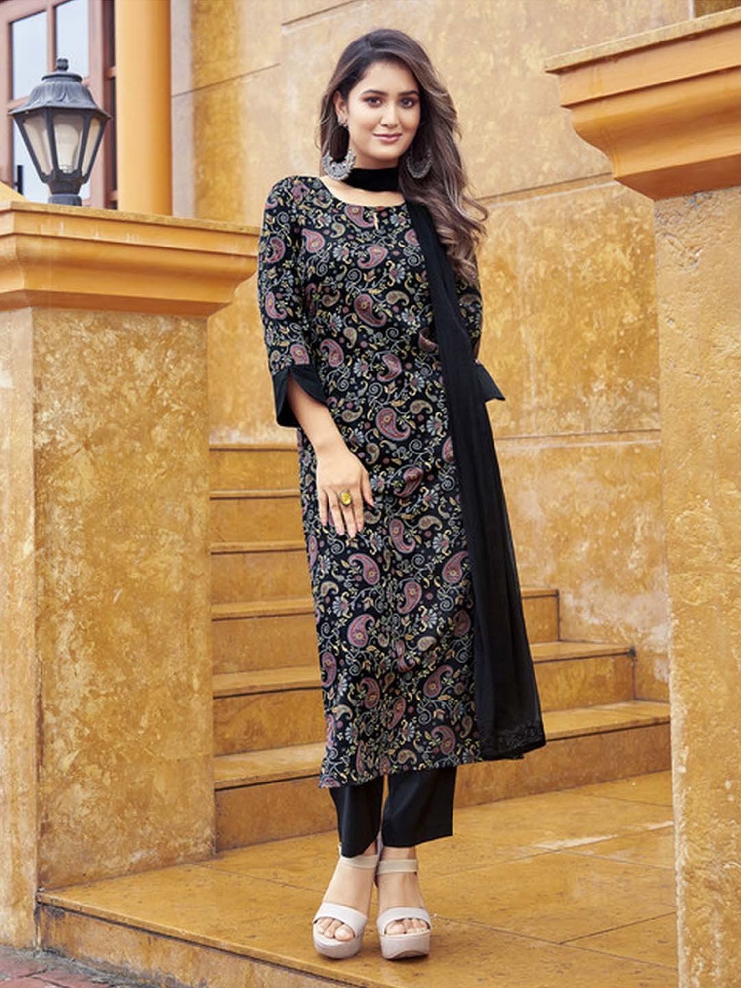 URBAN MYSTIC Black Rayon Embroidered Kurta & Sharara Set