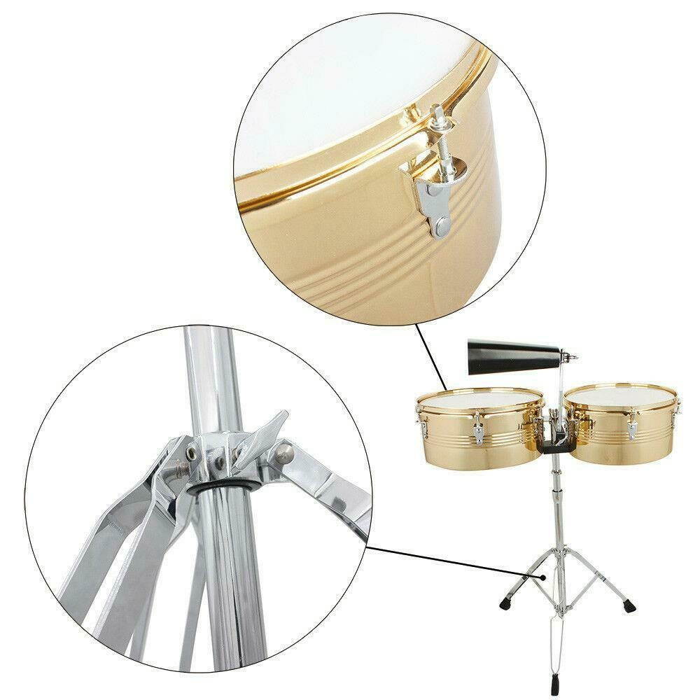 Percussion 13"  14" Timbales Drum Sets Cowbell Holder Stand Drum Sticks Golden