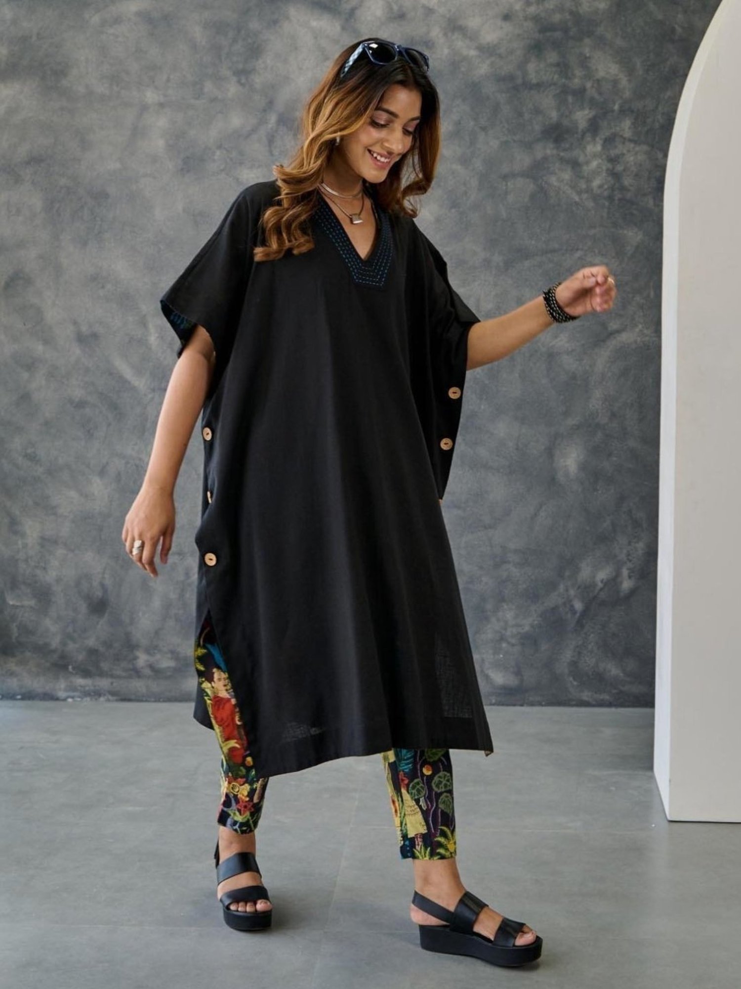 Gulaal Black & Pink Cotton Beach Kaftaan with Straight Fit Pant