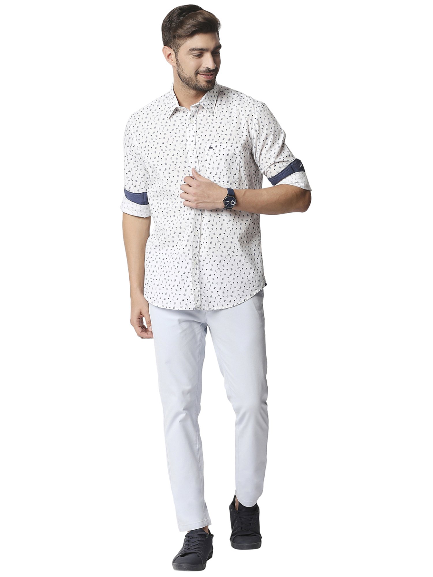 Basics White Cotton Slim Fit Printed Shirt