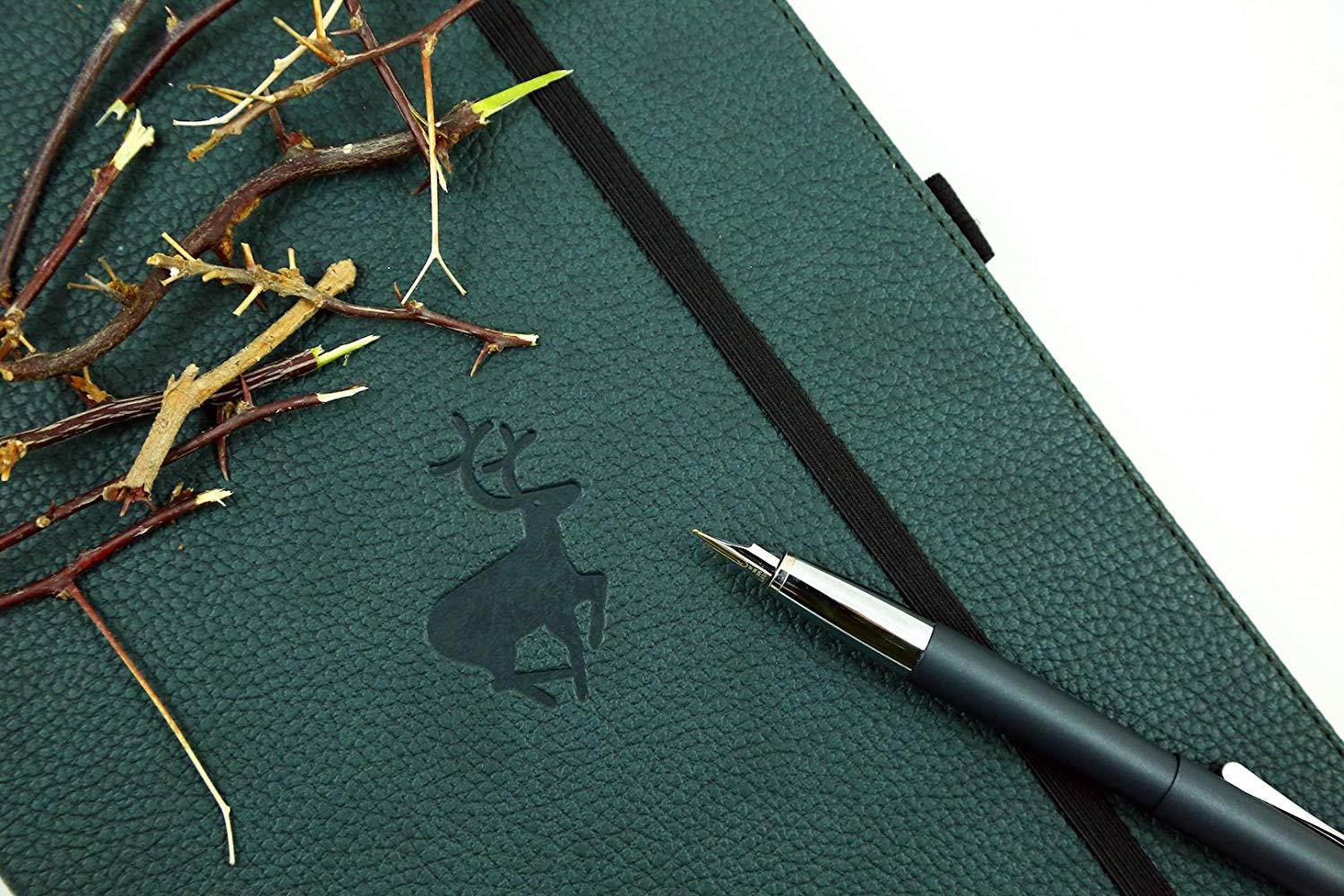 Dingbats Wildlife Medium A5+ (6.3 x 8.5) Hardcover Notebook - PU Leather, Micro-Perforated 100gsm Cream Pages, Inner Pocket, Elastic Closure, Pen Holder, Bookmark (Lined, Green Deer)