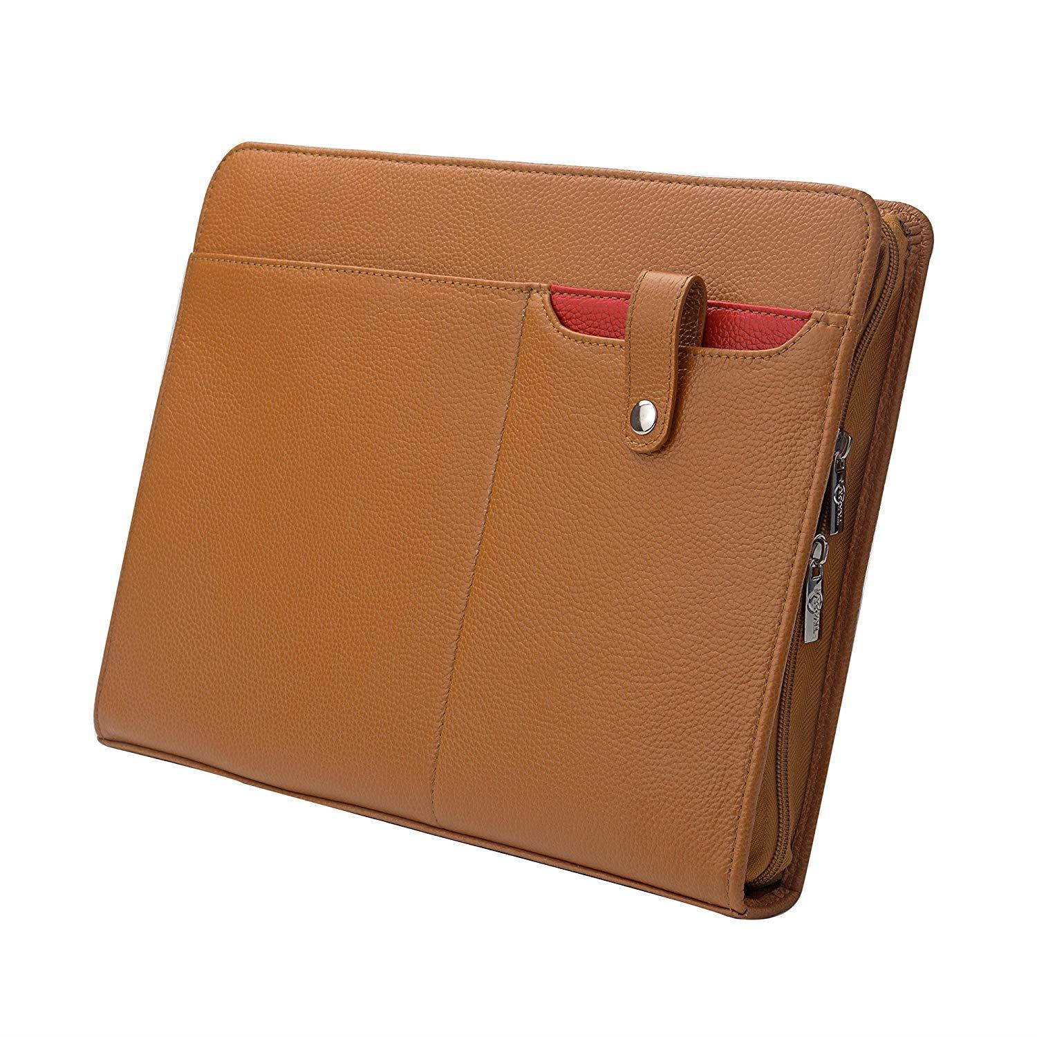 Genuine Leather Portfolio Organizer Padfolio for iPad Pro 9.7 inch, A4 Portfolio for Notepad, Brown
