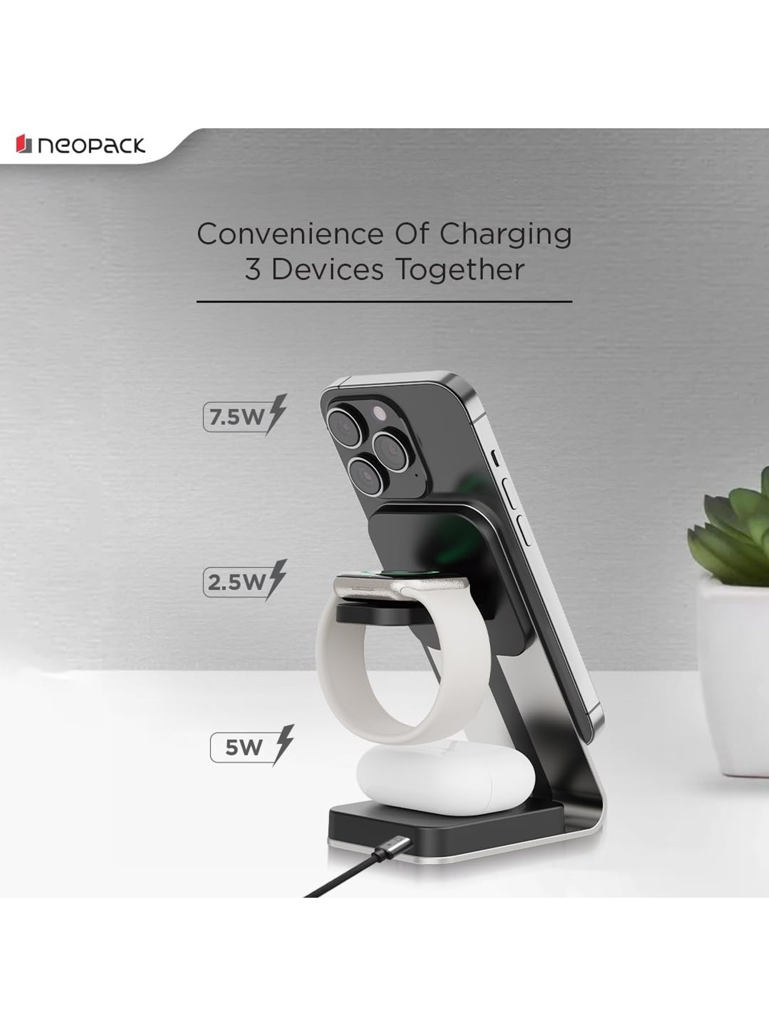 Neopack 15W Wireless Charging Stand for Apple Devices, 3 in 1 Wireless Charger (Silver)