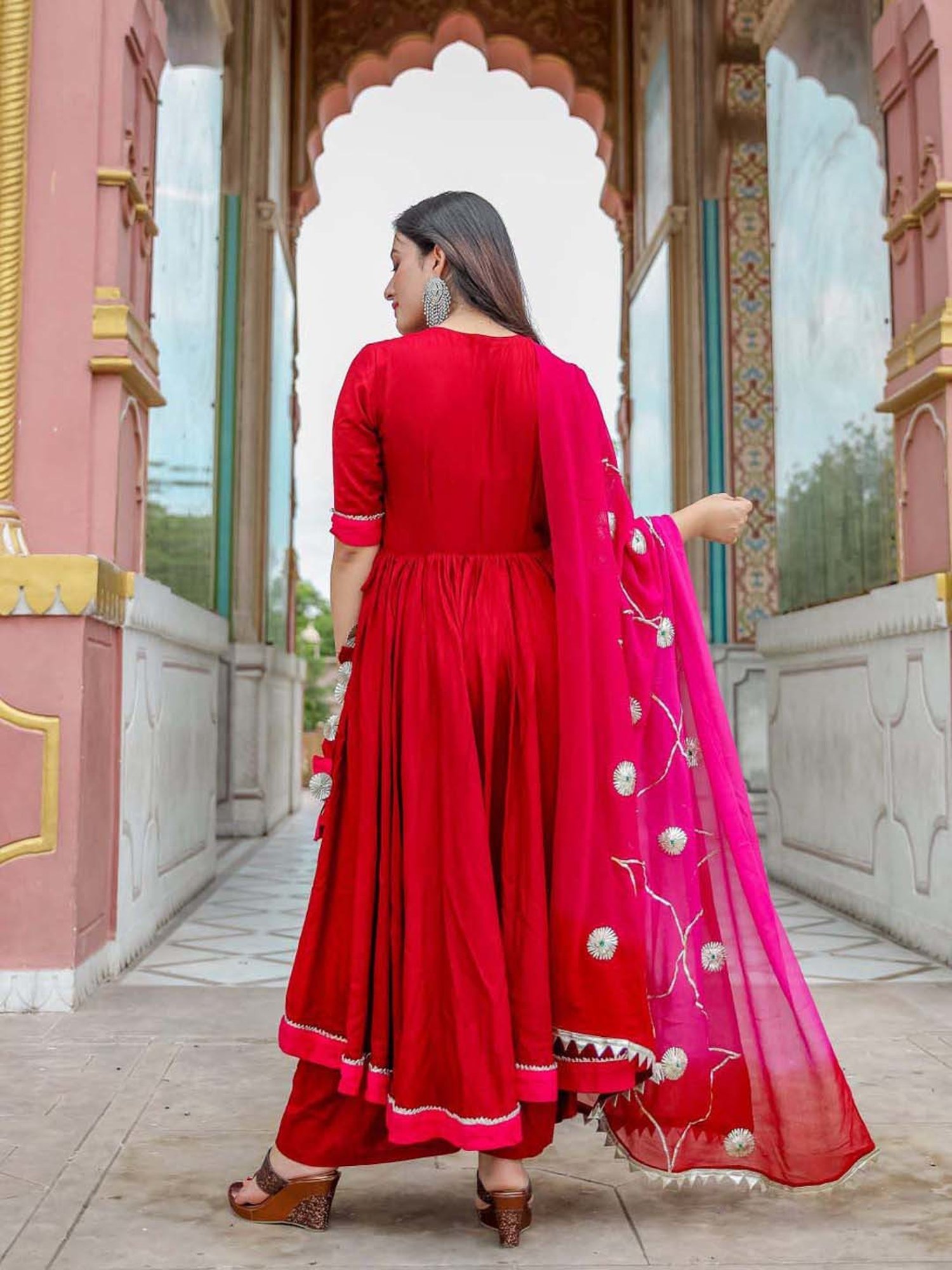 AACHHO Red Kurta Palazzo Set With Dupatta