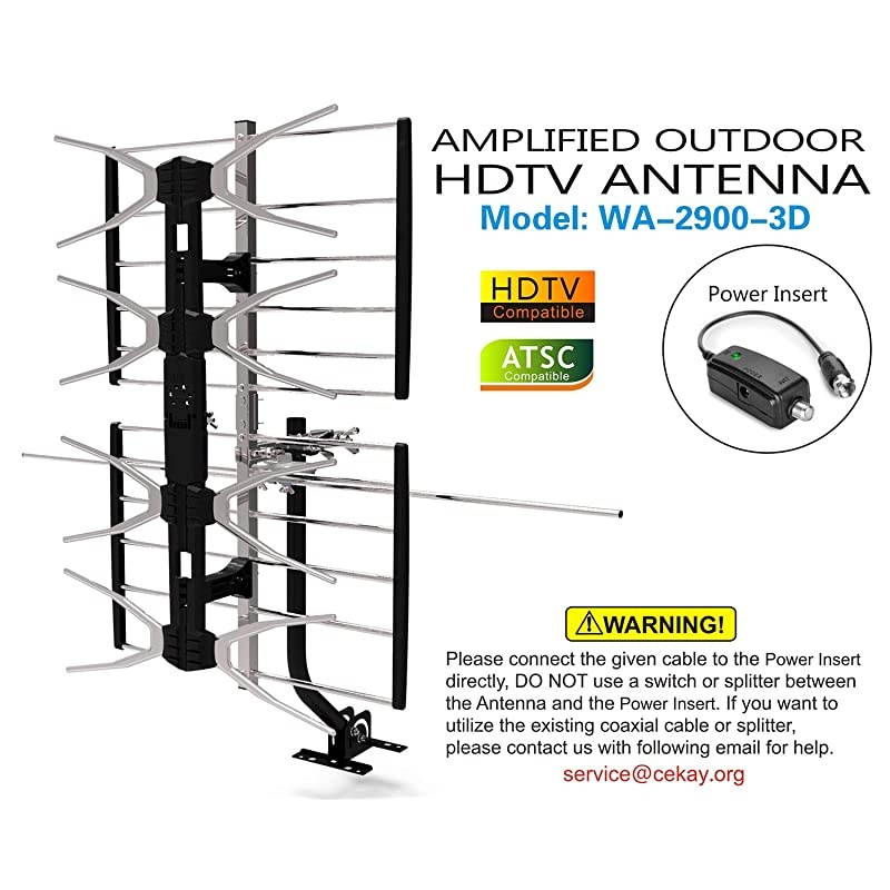 Outdoor Digital HD TV Antenna with High Gain and Low Noise Amplifier for UHF/VHF - Long Range, Mounting Pole, 40FT RG6 Coaxial Cable, 2 Way Splitter, Easy Installation