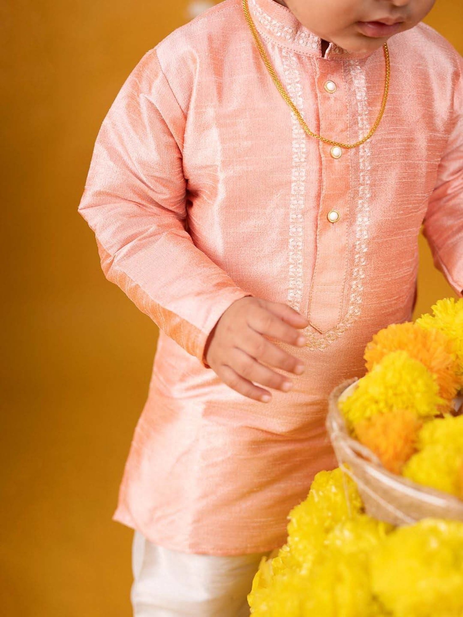 Baby Moo Kids Peach & White Regular Fit Full Sleeves Kurta Set
