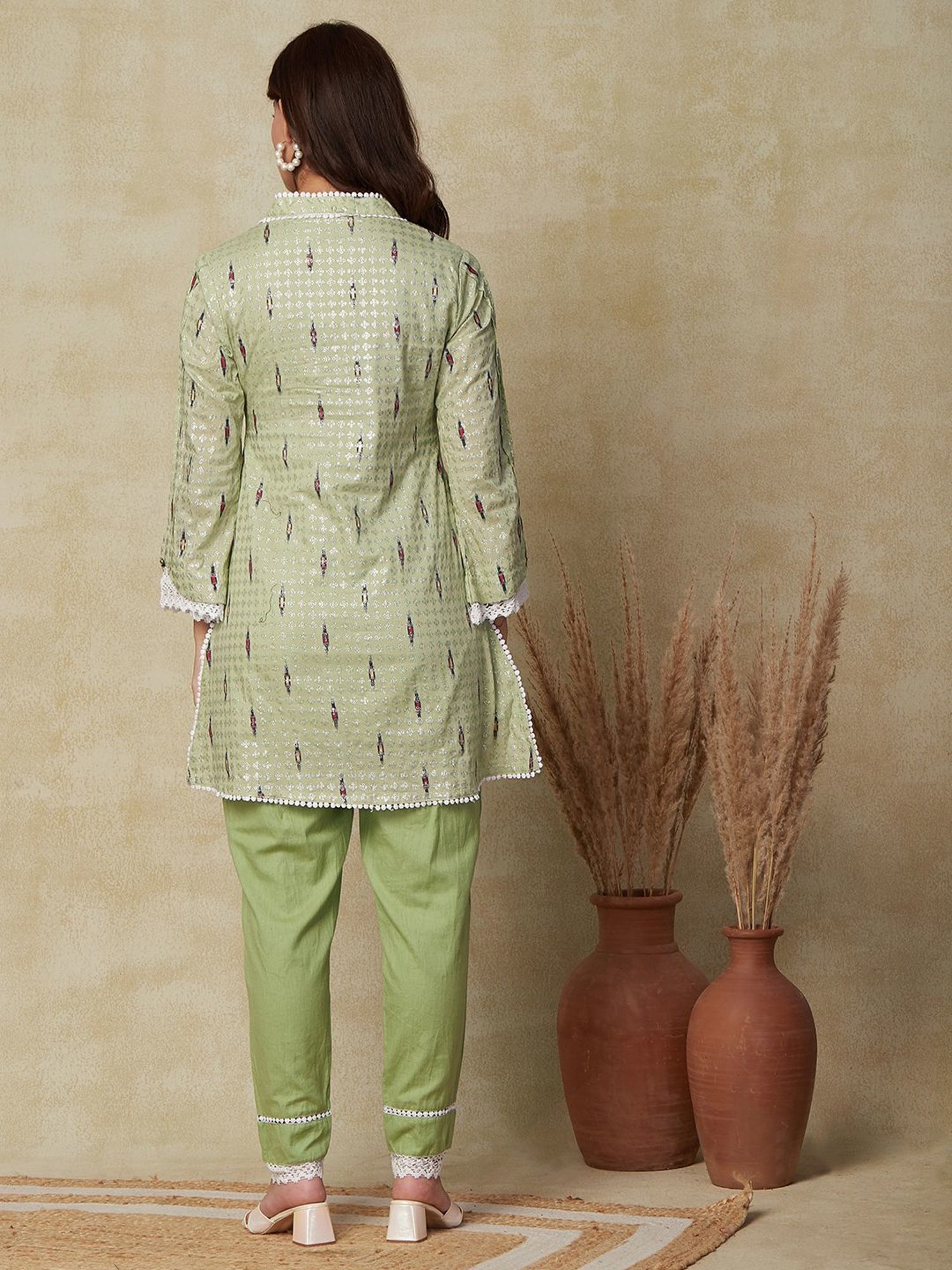 Fashor Green Cotton Printed Kurti Pant Set