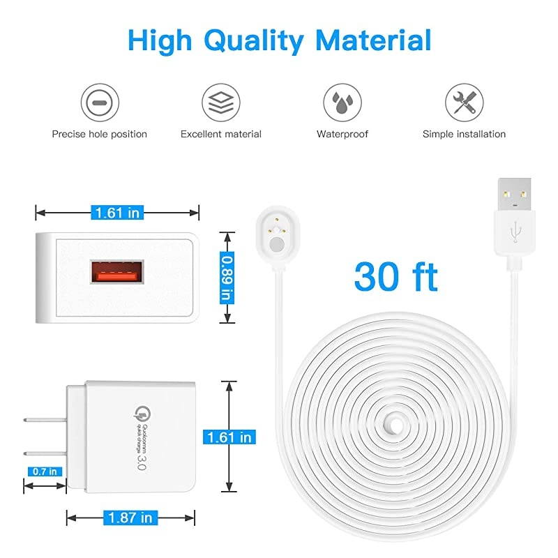 for Arlo Pro 3 and Arlo Ultra Indoor Outdoor Extra Long 30 Feet Magnetic Power Cable with Power Adapter Continuously Charging Arlo 4k Ultra Camera and Arlo Pro 3 2 Pack