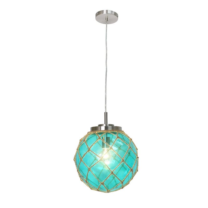 Buoy Netted Coastal Ocean Sea Glass Pendant with Natural Rope Aqua - Elegant Designs