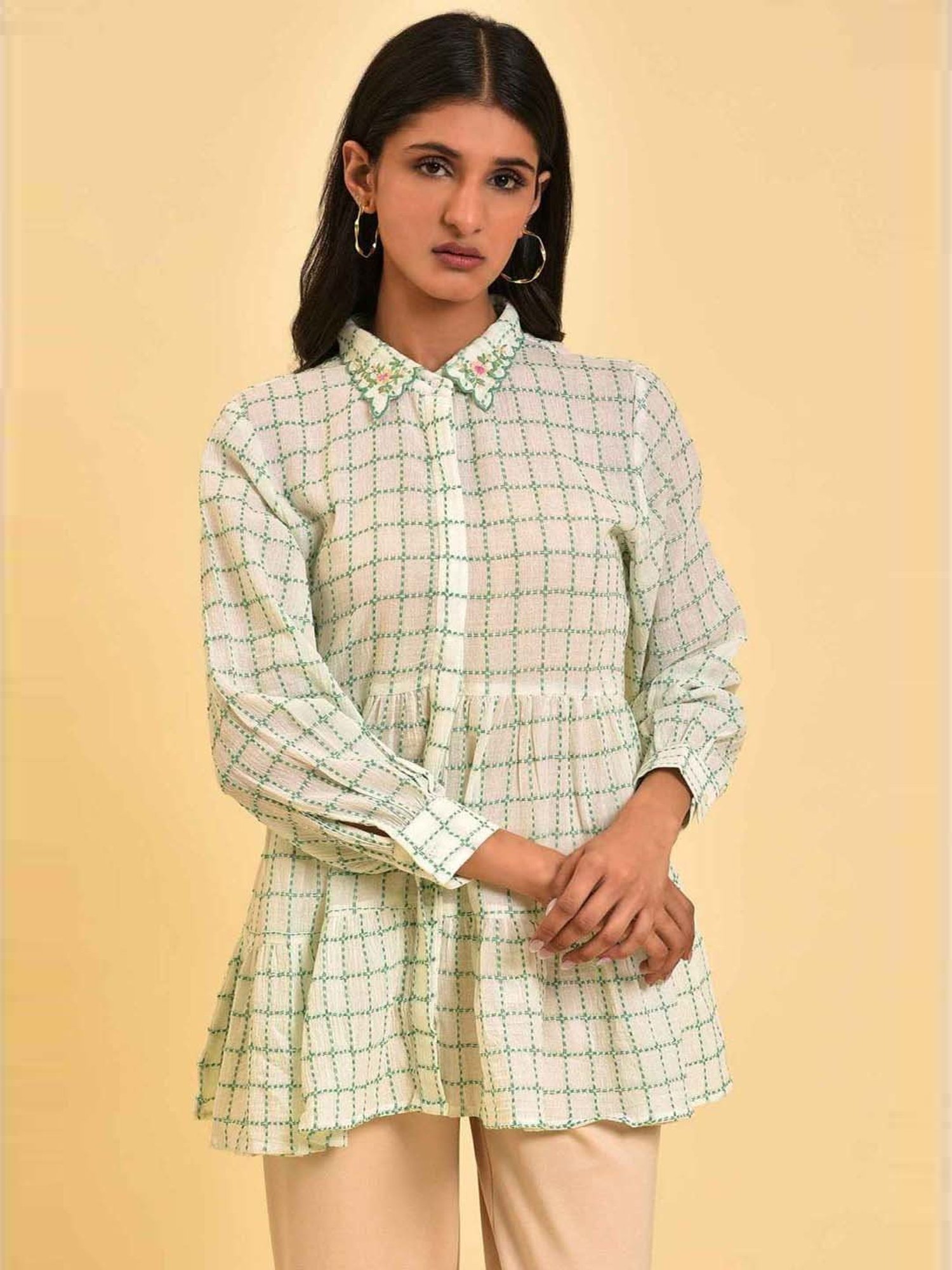 W Green Cotton Chequered Top