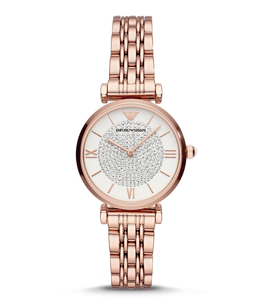 Emporio Armani Women's Pave Stone Two-Hand Rose Gold-Tone Stainless Steel Watch