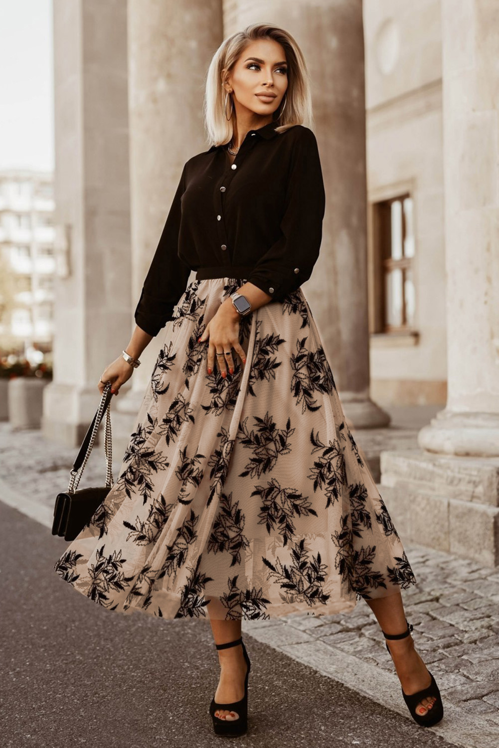 I.N. Studio Romantic Ditsy Floral Print Pucker Knit Tiered Midi Skirt