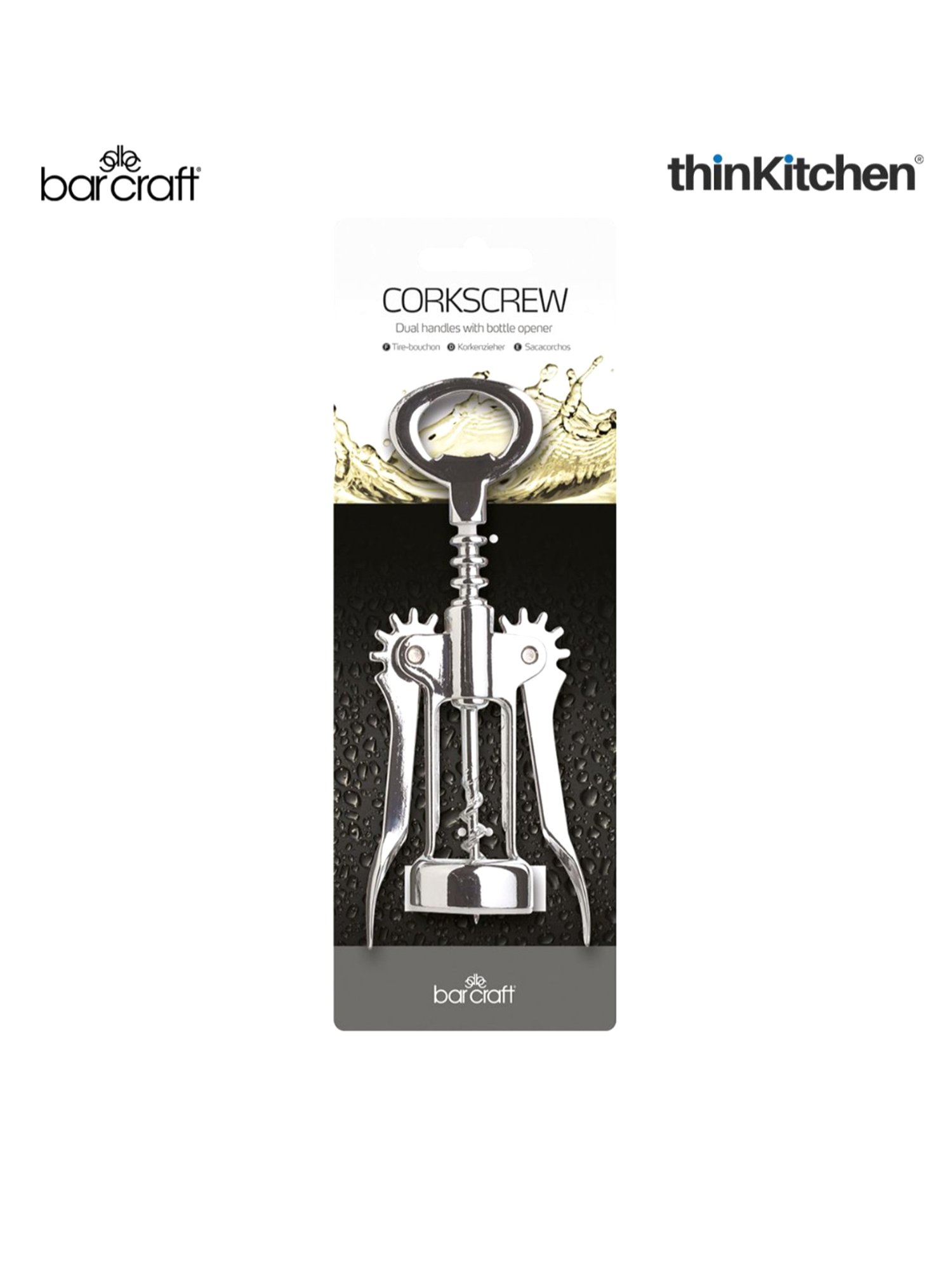 BarCraft Silver Metal Double Handled Chrome Wing Corkscrew