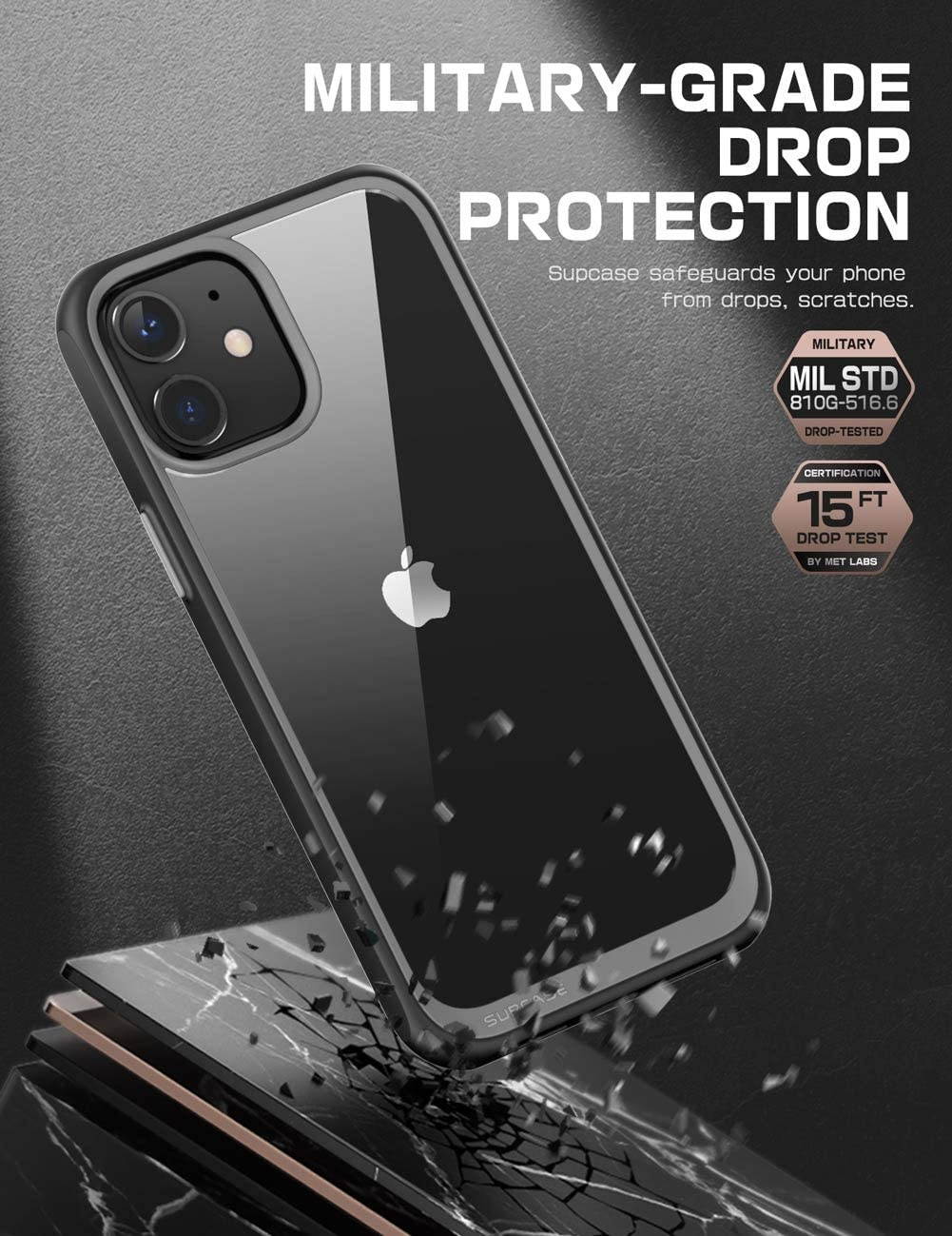 SupCase Unicorn Beetle Style Series Case Designed for iPhone 12 (2020) / iPhone 12 Pro (2020) 6.1 Inch Premium Hybrid Protective Clear Case (Black)