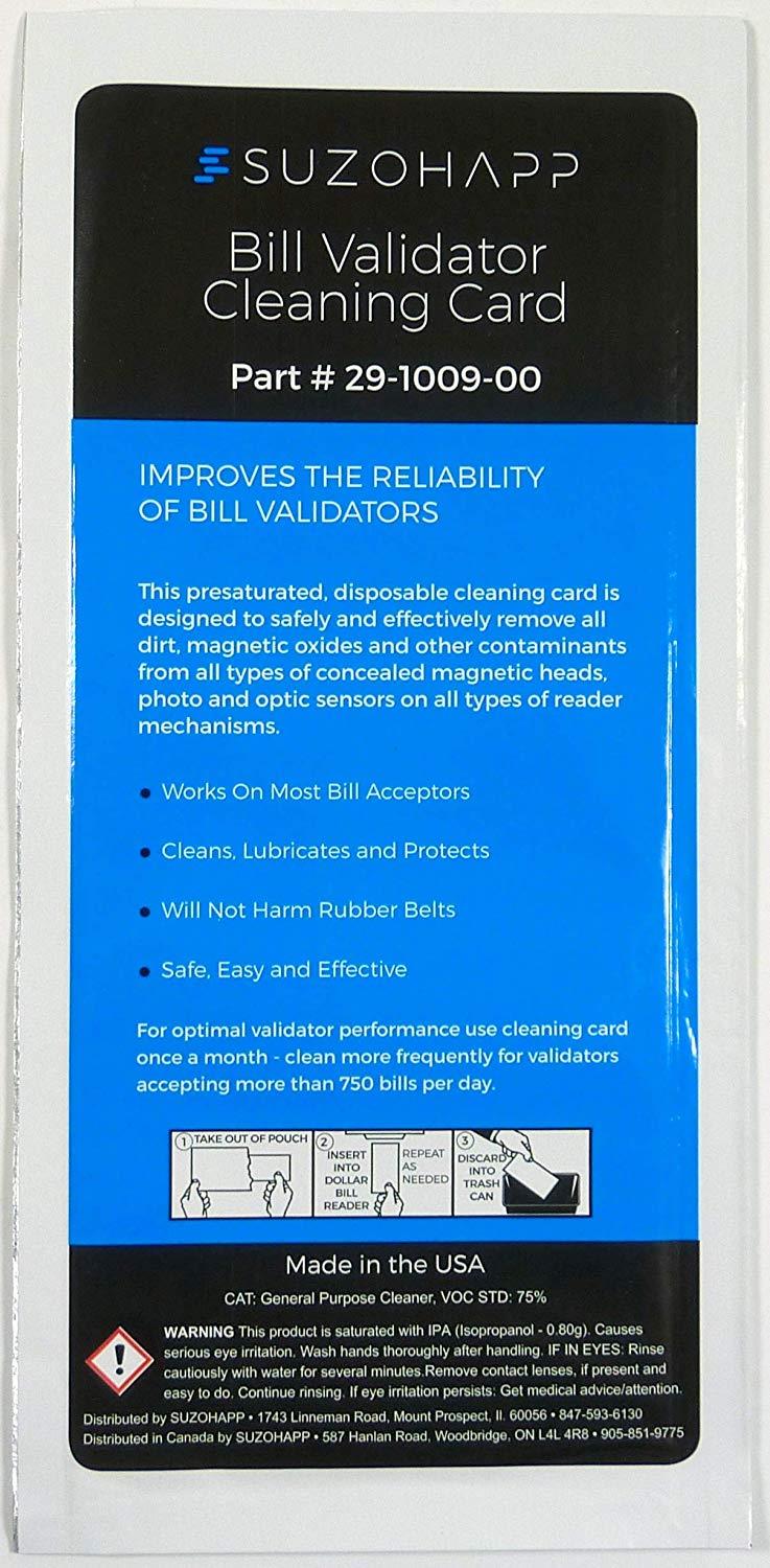Dollar Bill Validator / Acceptor Pre-saturated Cleaning Card 50/pk
