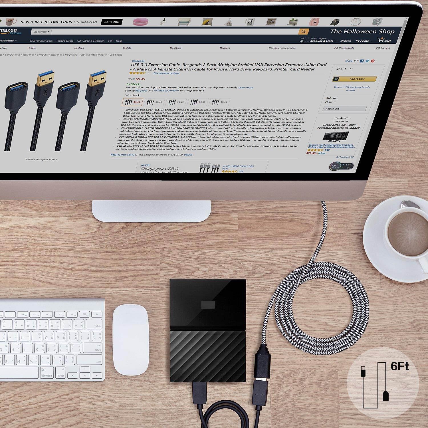 USB 3.0 Extension Cord, Besgoods 2-Pack Braided 6ft USB Extension Cable - A Male to A Female Extender Cable for Mouse, USB Flash Drive, Keyboard, Printer and more, White