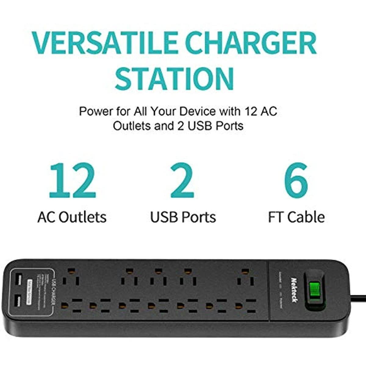 Power Strip Surge Protector, Nekteck Power Strip with 2 USB Port and 12 AC Outlet, 6ft Heavy Duty Extension Cord Wall Mount Charging Station for Home Outdoor Office (2390-Joule, 5V/2.4A)