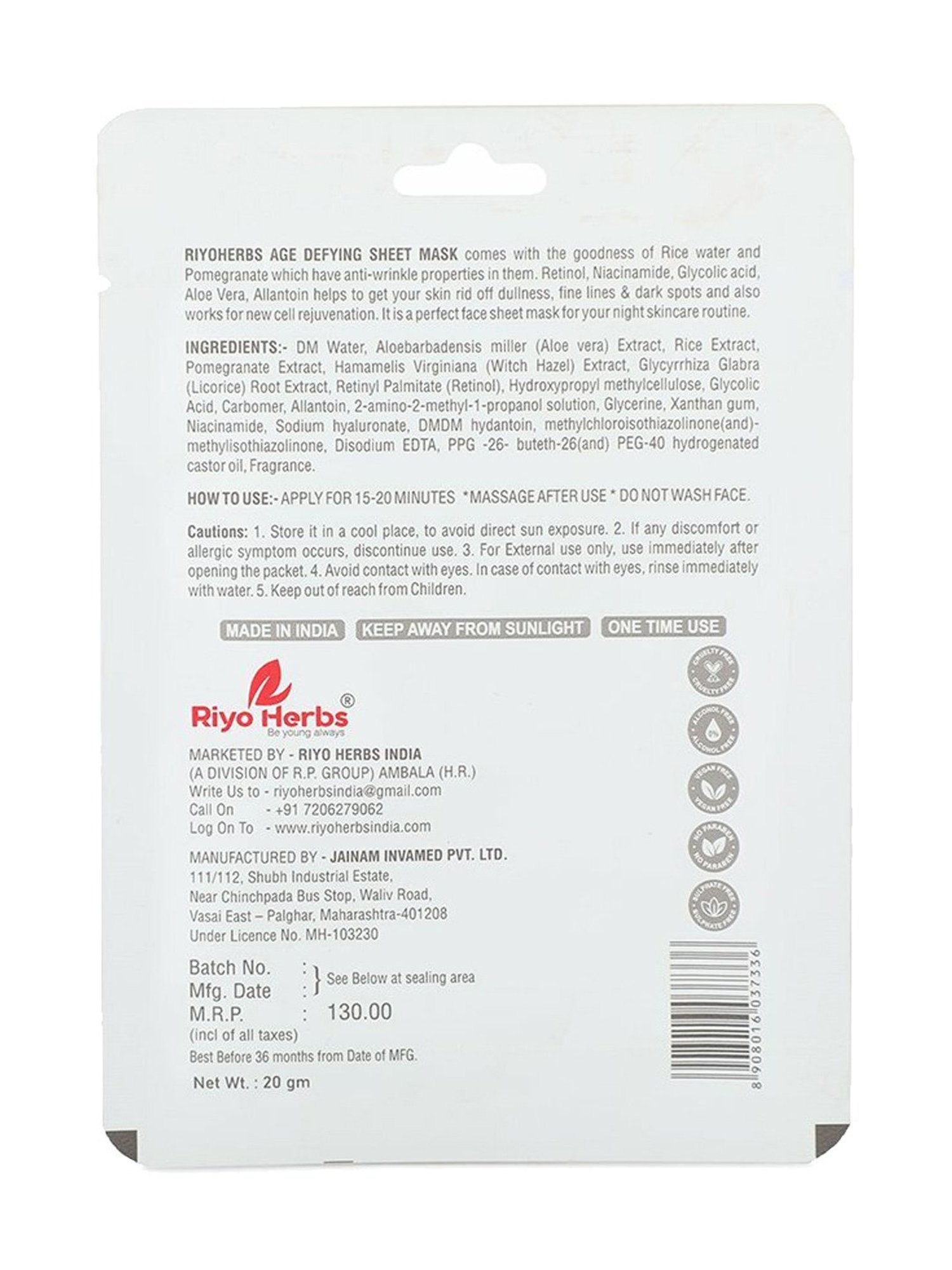Riyo Herbs Age Defying Sheet Mask - 20 gm