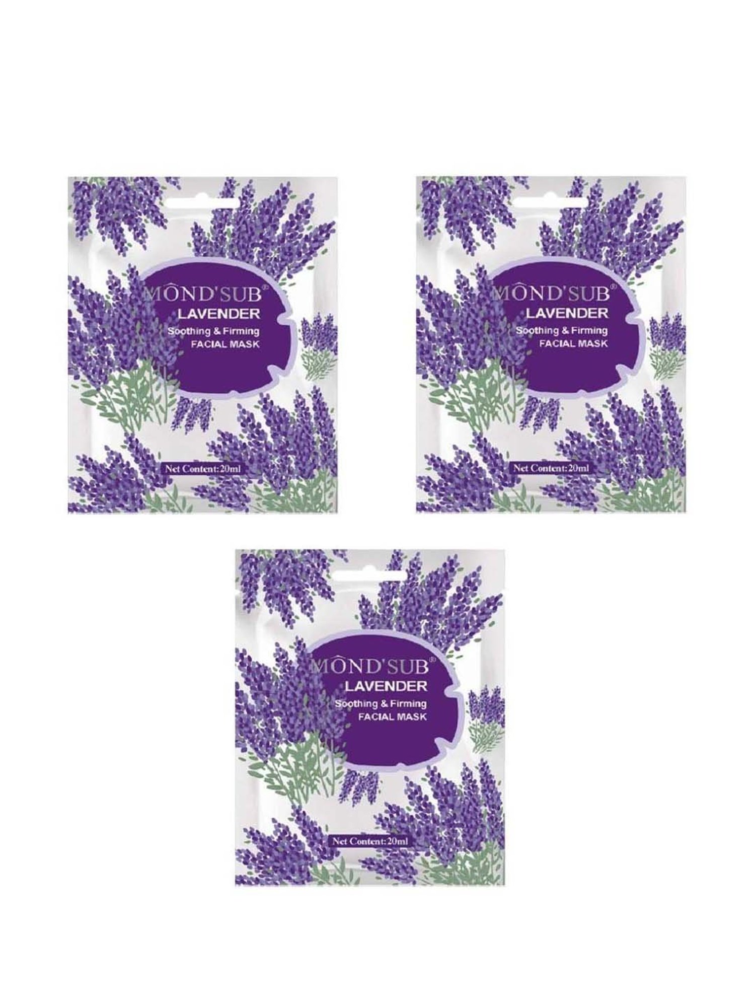 MONDSUB Lavender Soothing Face Sheet Masks (Pack of 3) - 20 ml Each