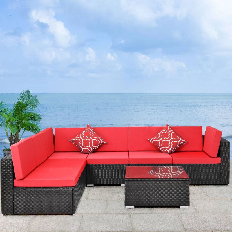 7pc Rattan Wicker Patio Sofa Set with End Table & Cushions - Art Leon