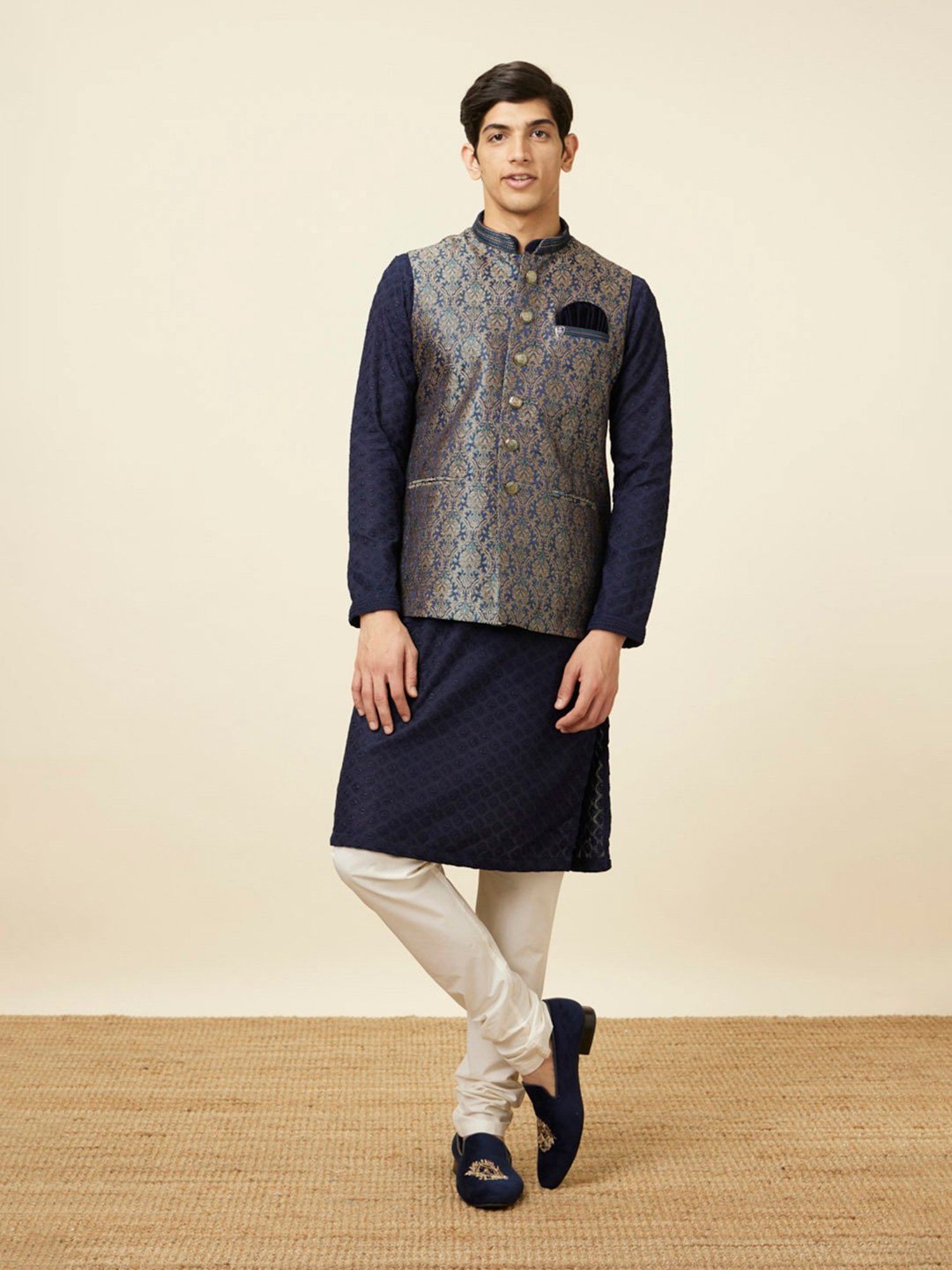 Manyavar Navy Regular Fit Embroidered Nehru Jacket