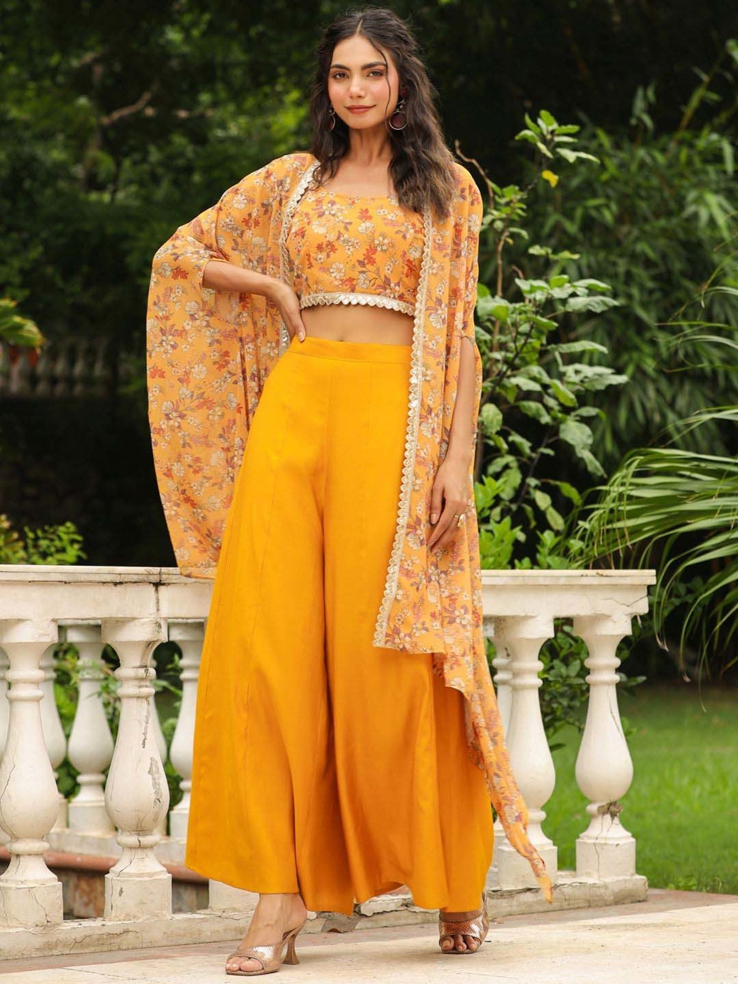 Janasya Mustard Printed Crop Top Palazzo Set With Cape
