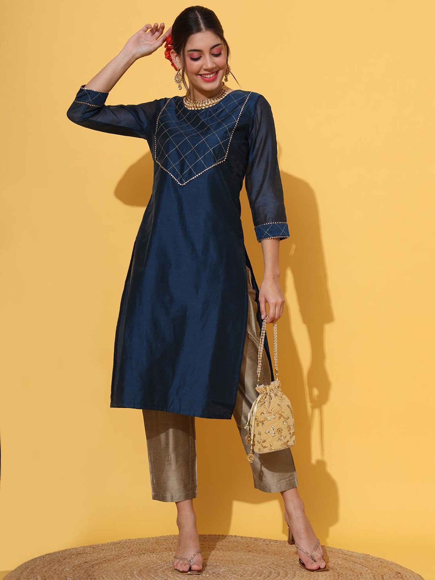 DECKEDUP Navy Embroidered Kurta With Pants