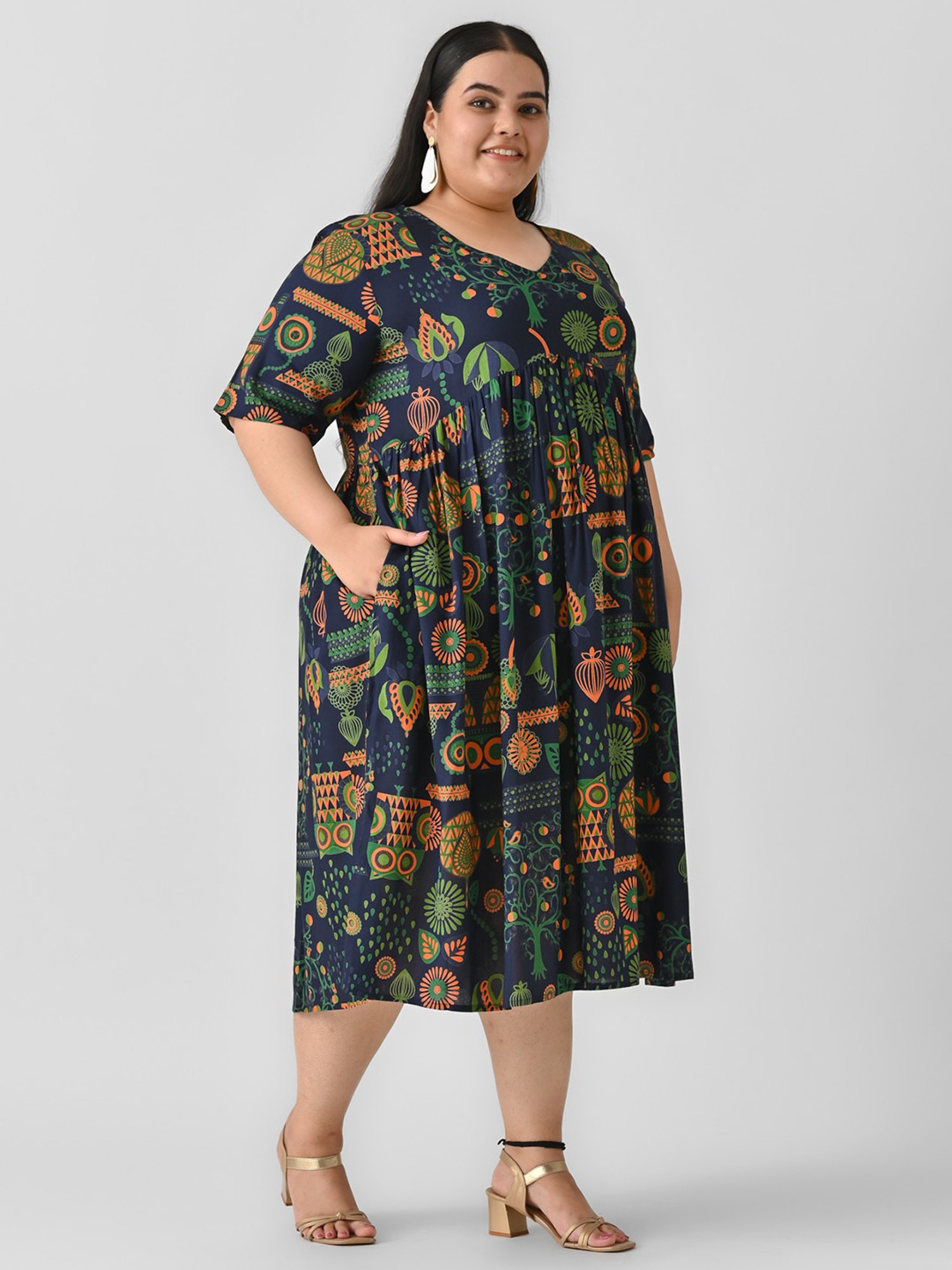 Rustorange Navy Printed Ethnic Dress