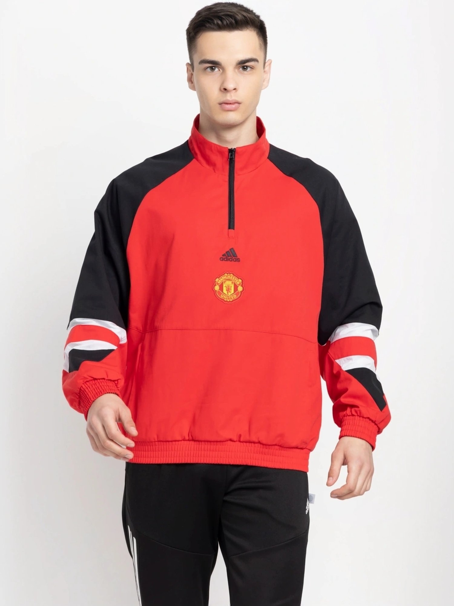 Adidas Red Cotton Loose Fit Colour Block Sports Jacket