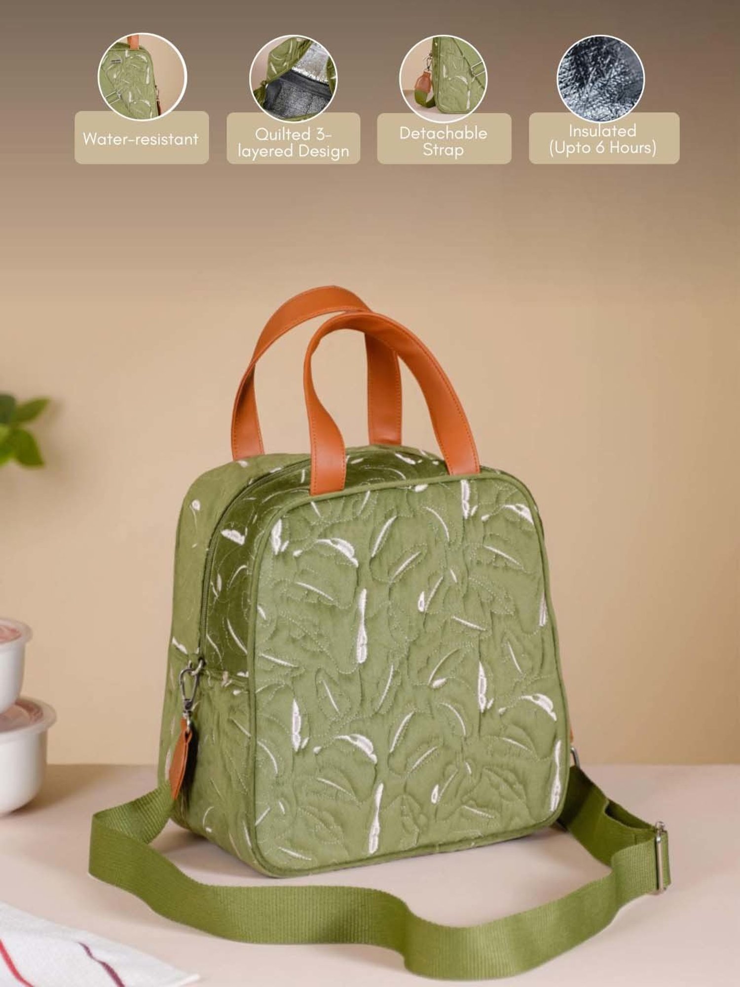 Nestasia High-Quality Insulated Velvet Green Lunch Bag With Adjustable Shoulder Strap & Handles