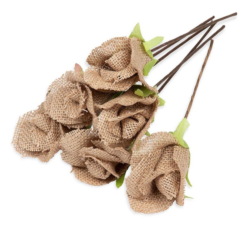 Genie Crafts 6 Pack Jute Burlap Roses Flowers with Bendable Stems for Crafts, 2.5 x 9.75 in