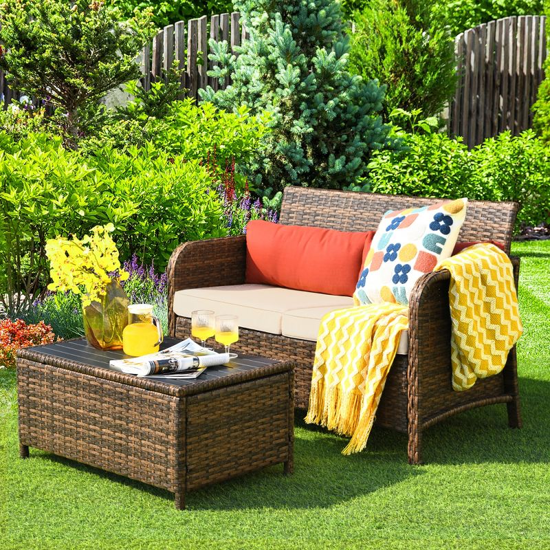 Costway 2PCS Patio Rattan Furniture Set Cushioned Loveseat Table Garden Deck