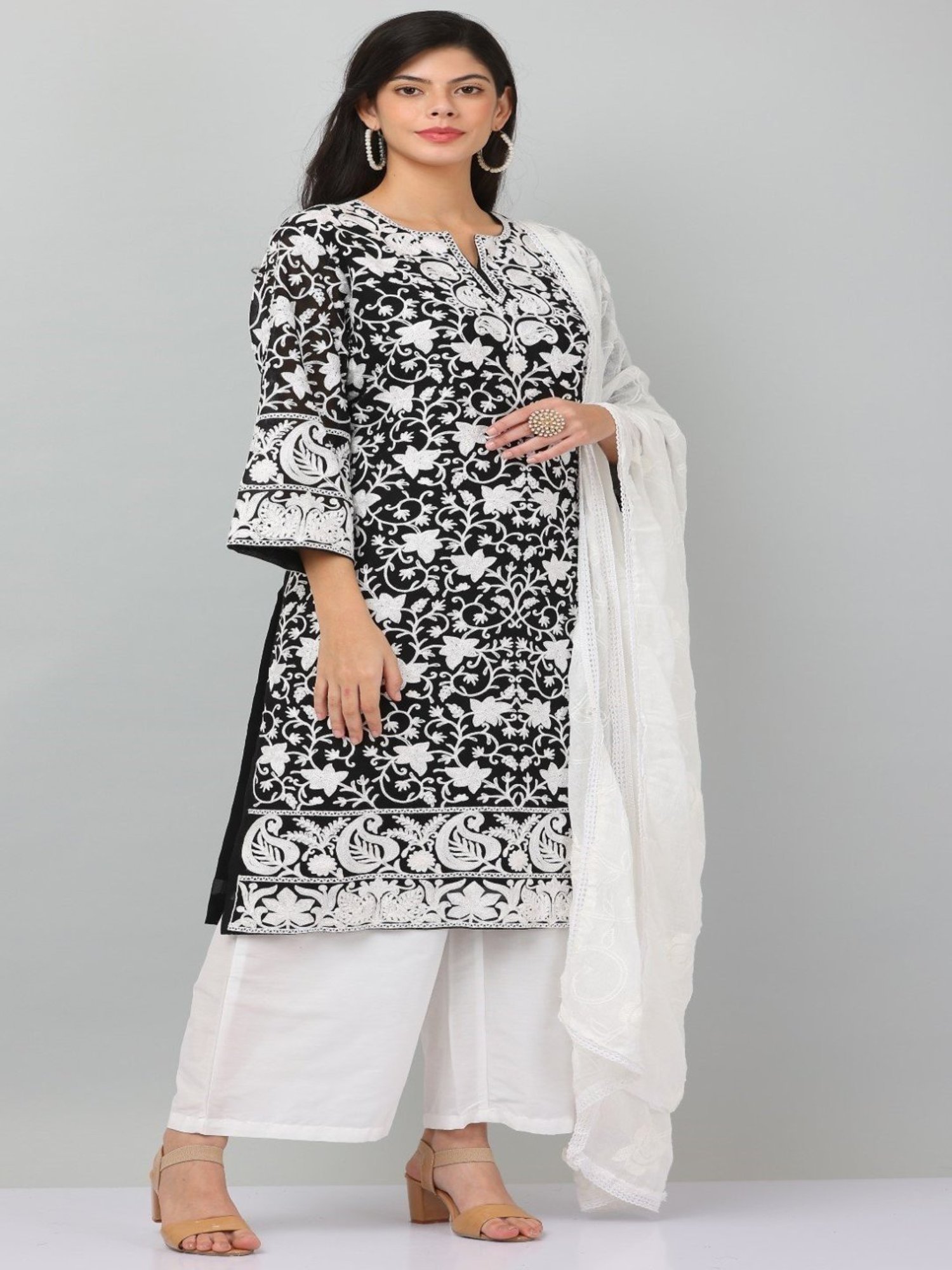 Kaanchie Nanggia Black Georget Embroidered Kurta Dupatta with Pant