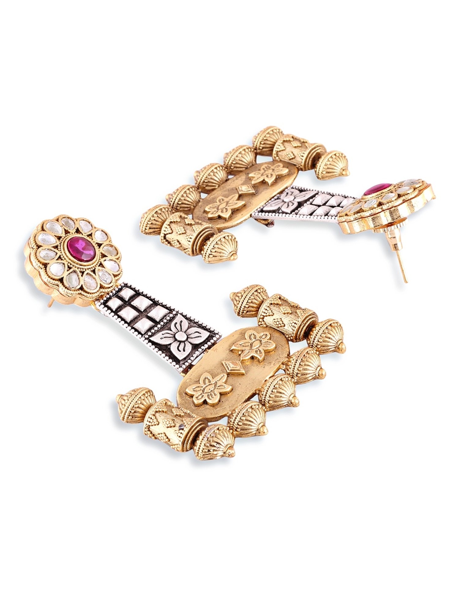 Abdesigns Geometric Oxidised Silver Plated Two Tone Earrings