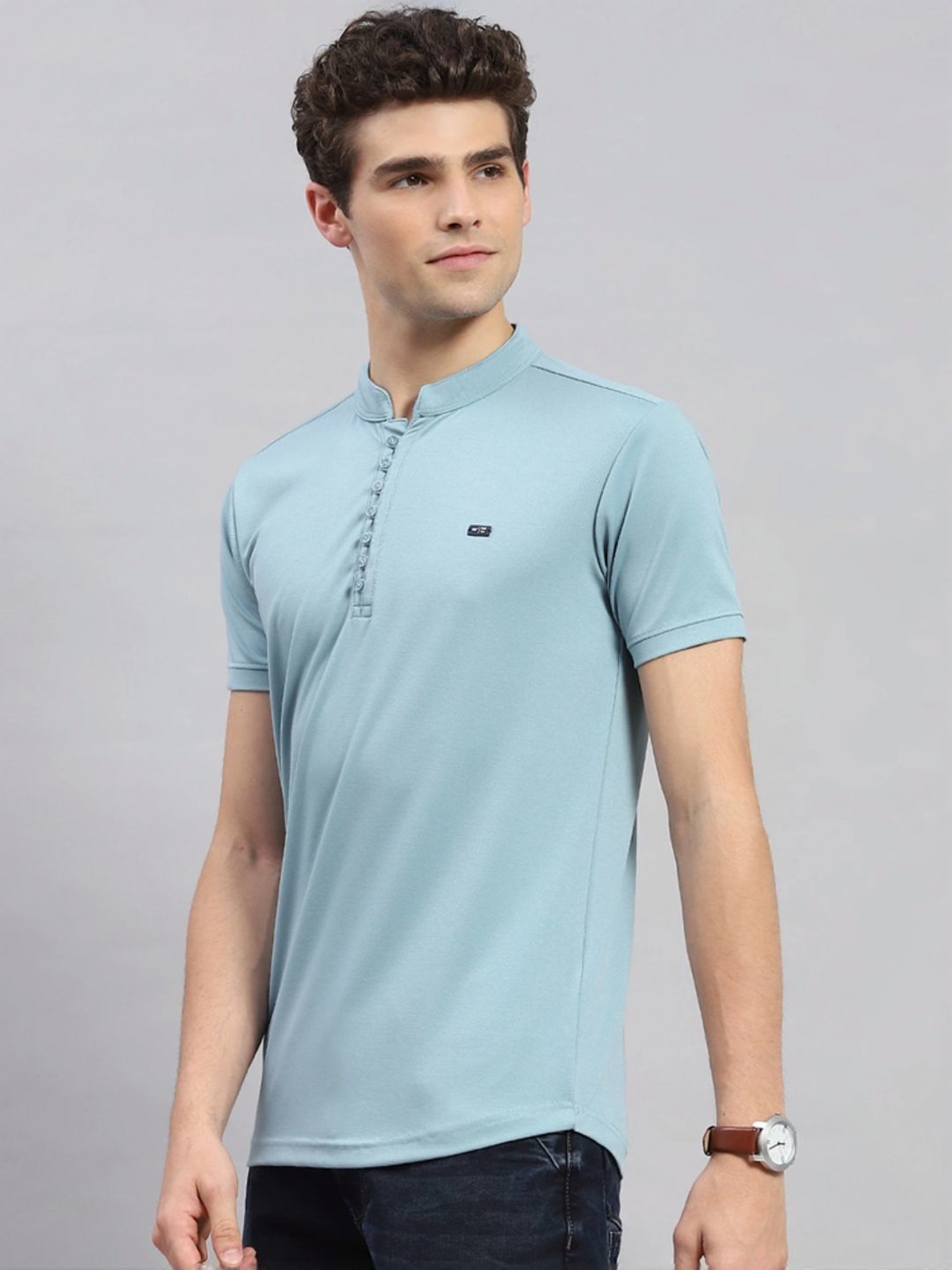 Monte Carlo Sky Blue Regular Fit Henley T-Shirt