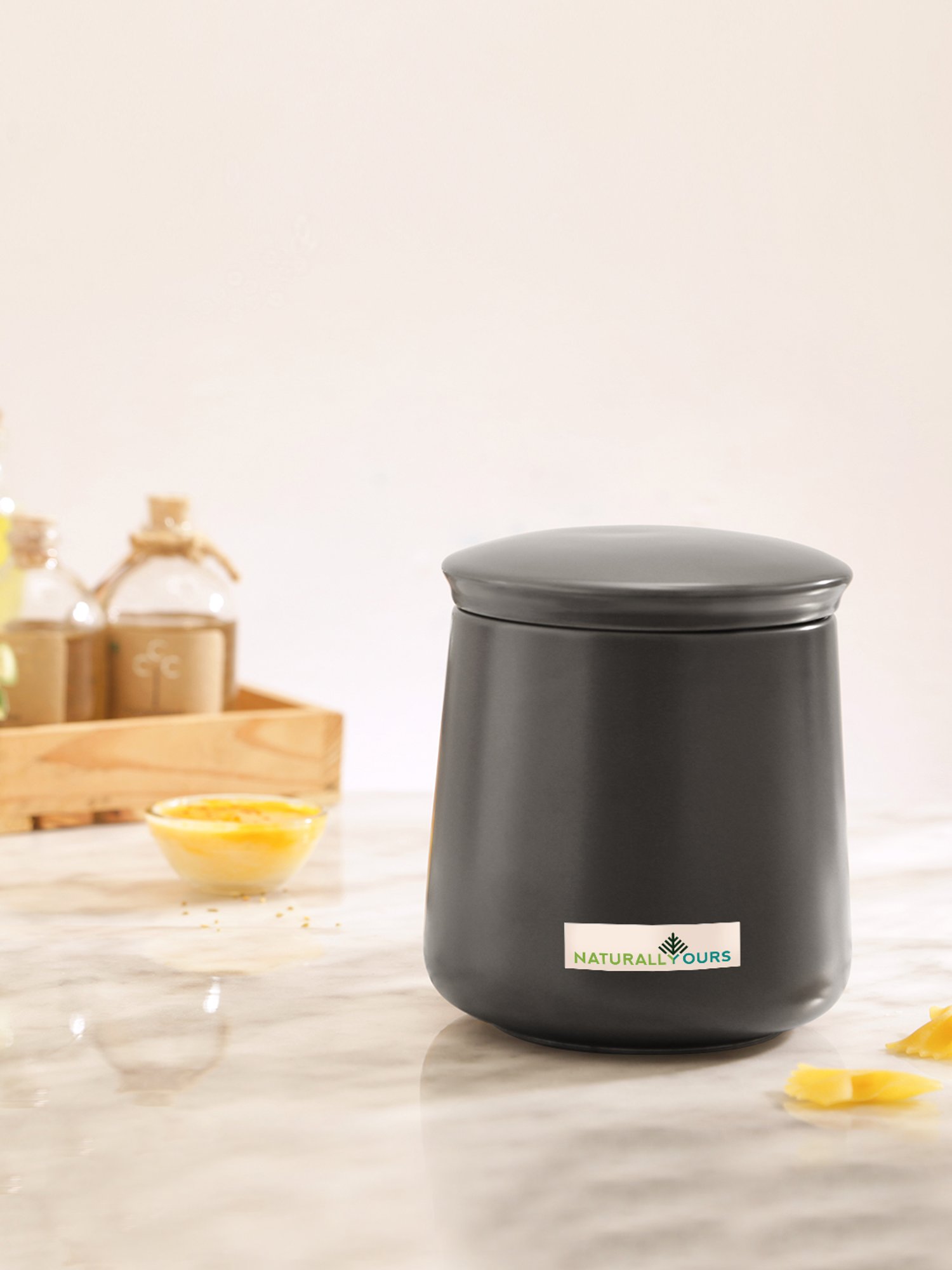 NATURALLYOURS Porcelain Black Matt Cool Storage Jars With Lid - 500 ml