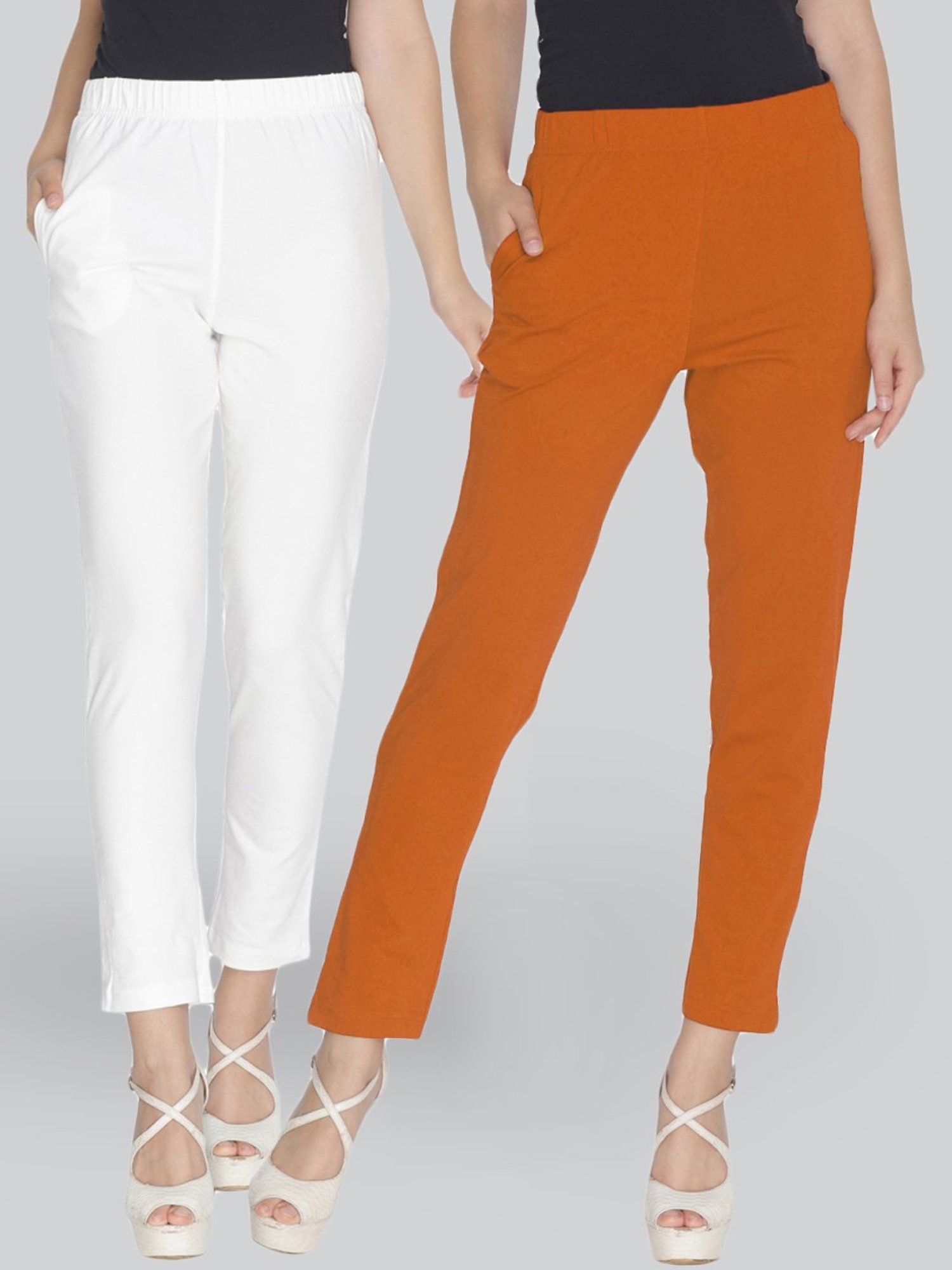 Lyra Orange & White Cotton Leggings - Pack Of 2