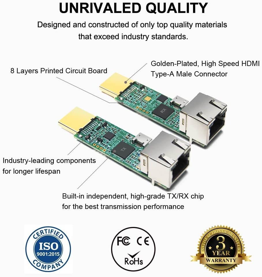 DDMALL 196ft HDMI Extender Over Single CAT5e/CAT6 Cable, Mini Size, Deep Color, 3D, Zero Loss, Zero Latency, Full HD, POC, Auto EDID, HDMI Transmitter and Receiver Kit