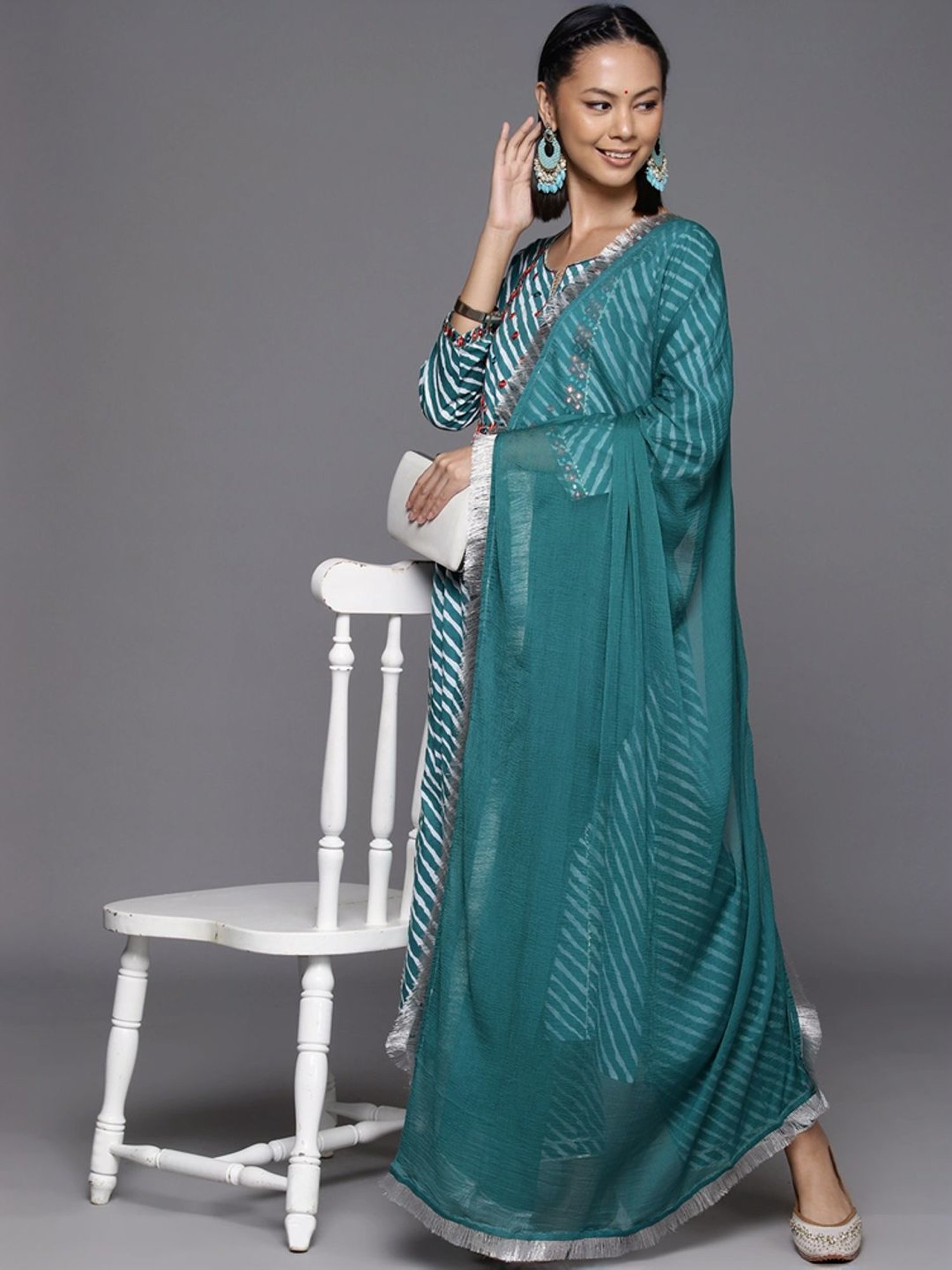 Varanga Turquoise Cotton Striped Kurta Palazzo Set With Dupatta